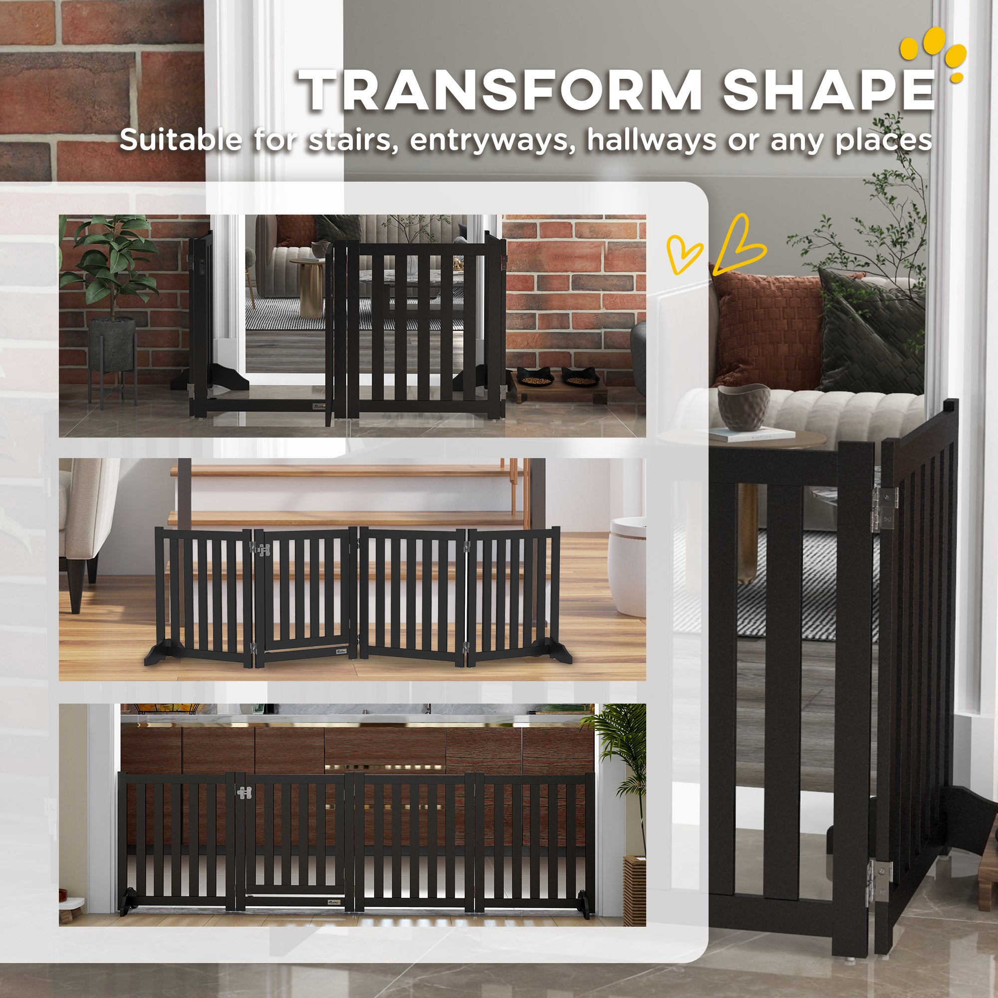 PawHut Foldable Dog Gate with Door, 4 Panels Freestanding Pet Gate with Support Feet Indoor Playpen for Small Dogs and Below, Black