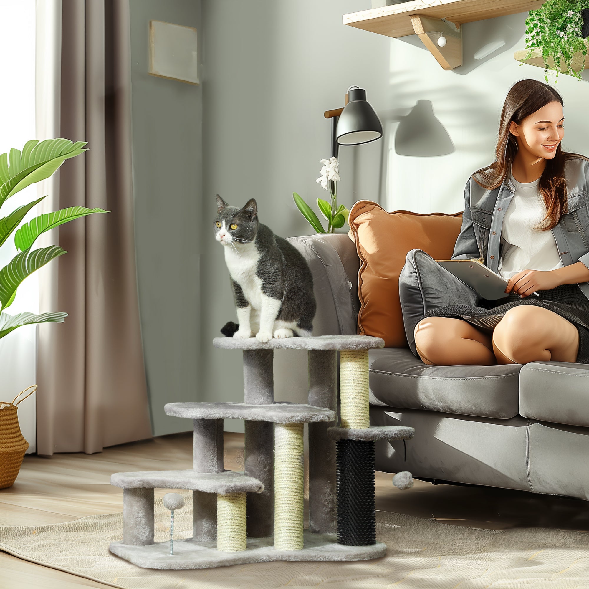 PawHut 20" Cat Tree, 2 in 1 Cat Tower 3 Steps Pet Stairs with Scratching Posts, Tickling Post, Toy Balls, Cat Stairs for Bed, Couch, Sofa, Light Grey