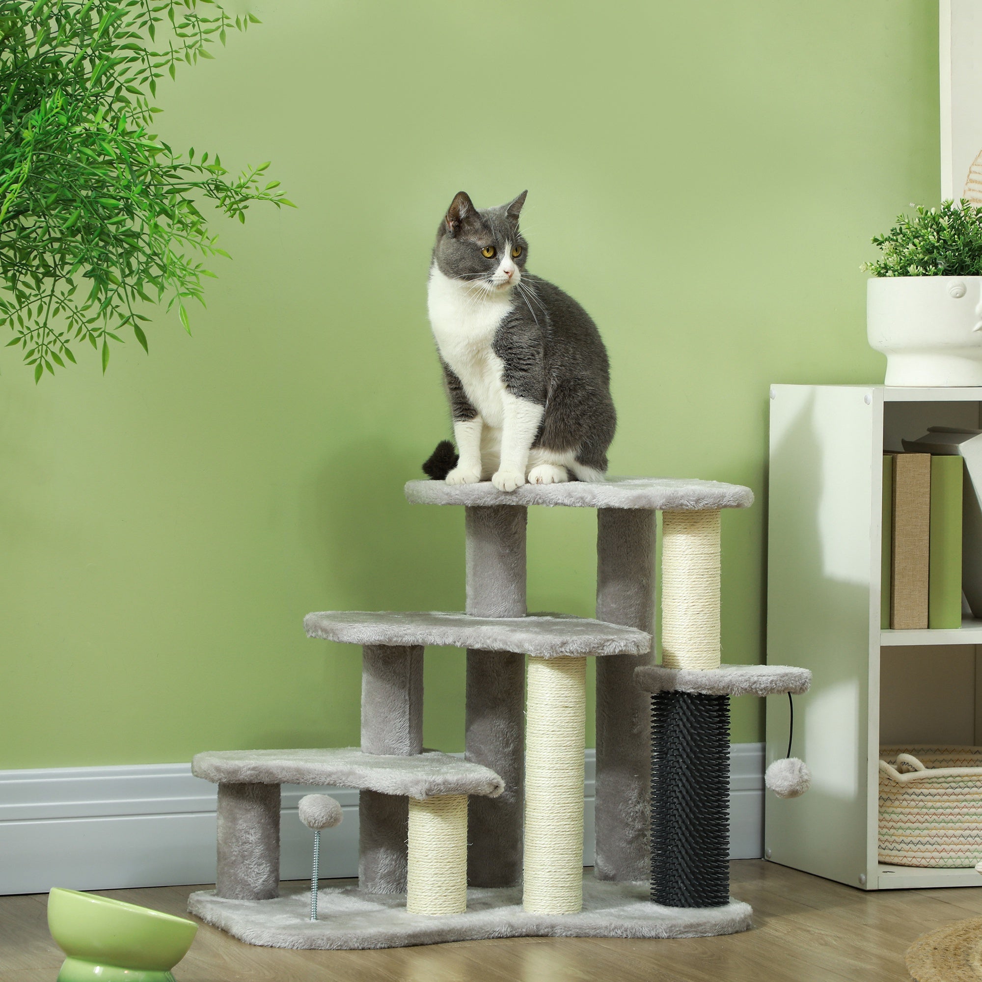 PawHut 20" Cat Tree, 2 in 1 Cat Tower 3 Steps Pet Stairs with Scratching Posts, Tickling Post, Toy Balls, Cat Stairs for Bed, Couch, Sofa, Light Grey