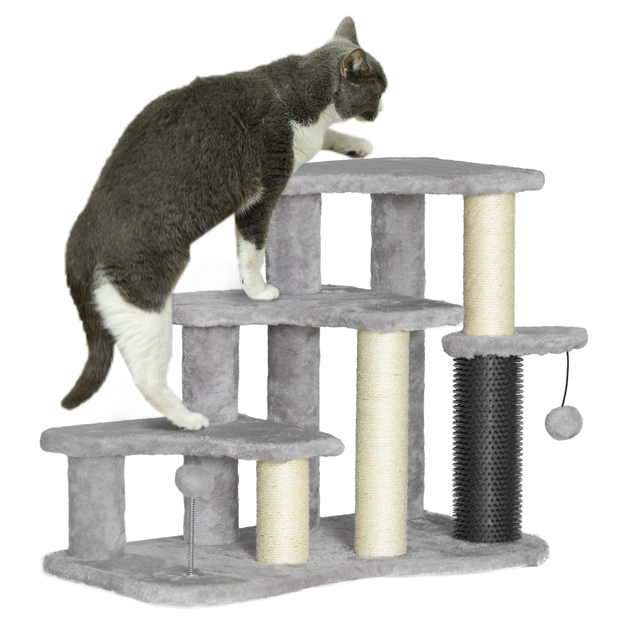 PawHut 20" Cat Tree, 2 in 1 Cat Tower 3 Steps Pet Stairs with Scratching Posts, Tickling Post, Toy Balls, Cat Stairs for Bed, Couch, Sofa, Light Grey