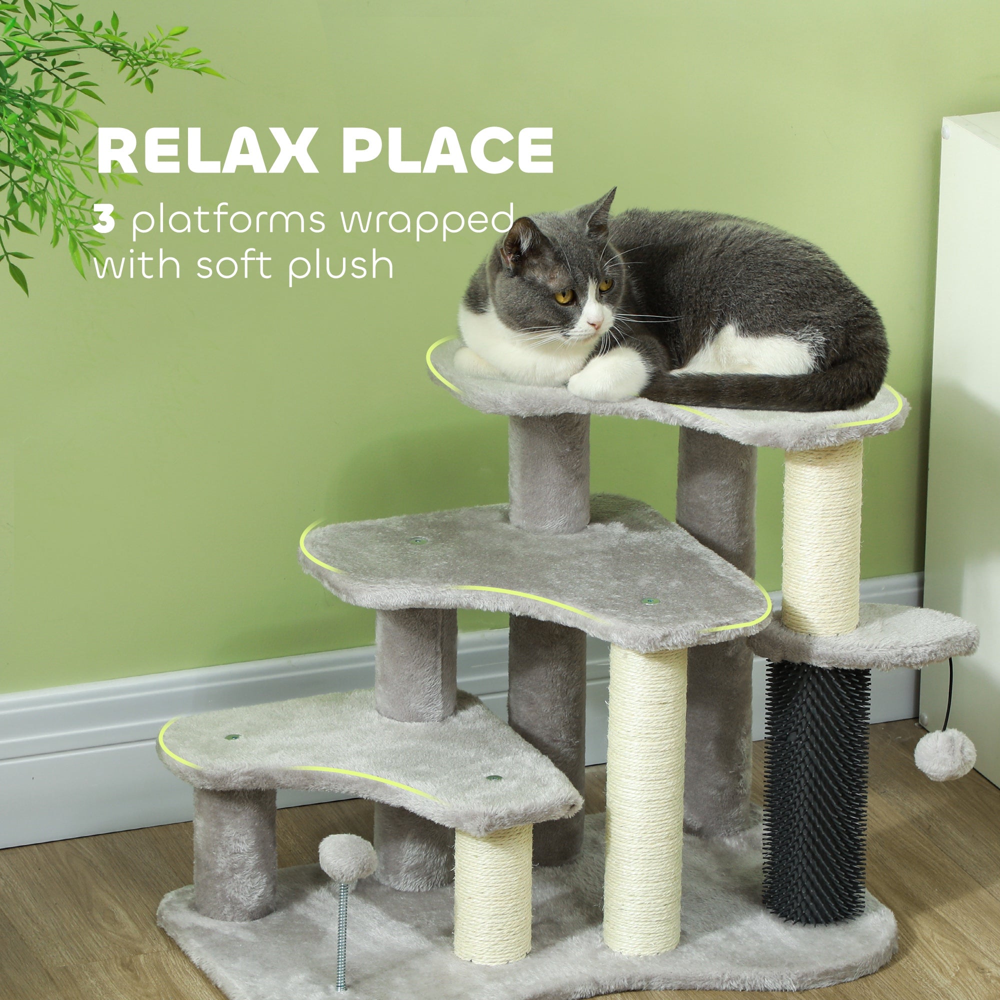Pet Steps for Bed and Sofa Dog Cat Stairs w/ Scratching Tickling Post, Light Grey