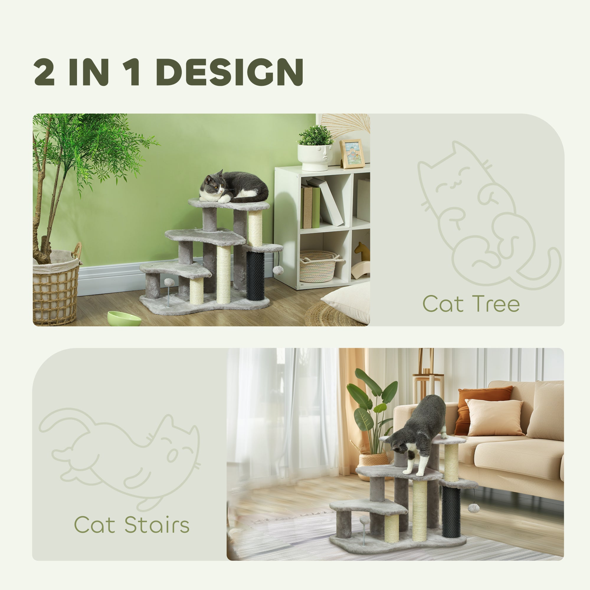 Pet Steps for Bed and Sofa Dog Cat Stairs w/ Scratching Tickling Post, Light Grey