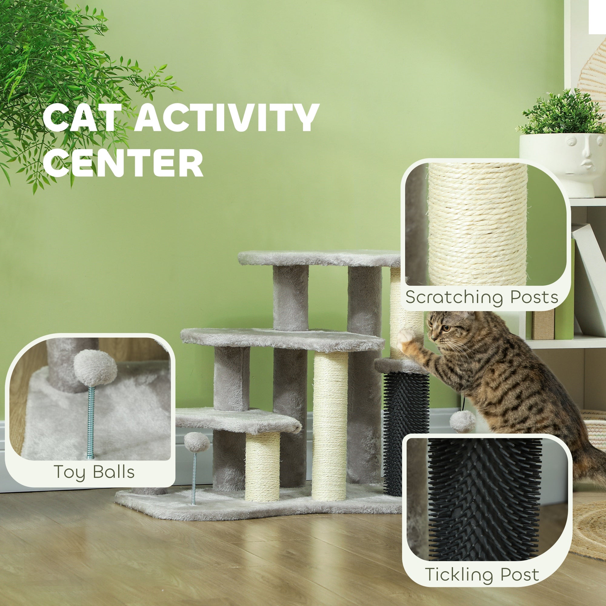 PawHut 20" Cat Tree, 2 in 1 Cat Tower 3 Steps Pet Stairs with Scratching Posts, Tickling Post, Toy Balls, Cat Stairs for Bed, Couch, Sofa, Light Grey