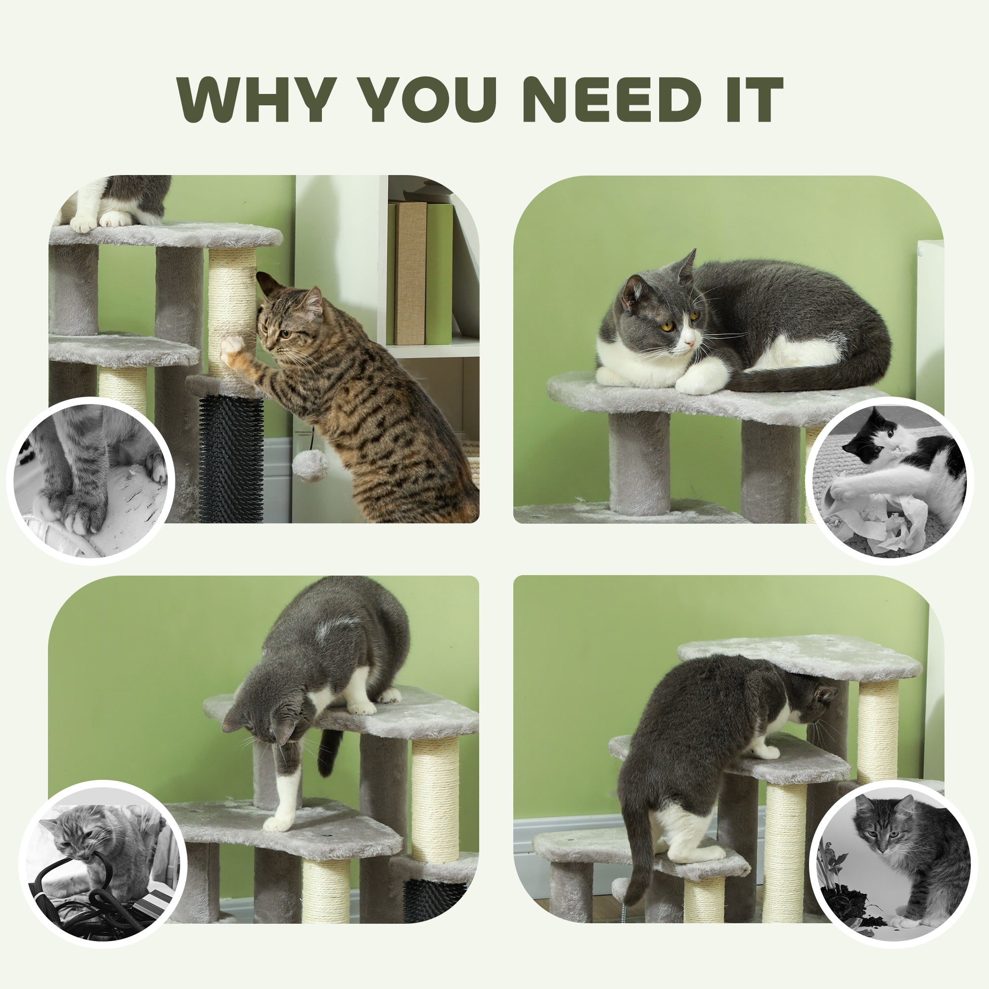 PawHut 20" Cat Tree, 2 in 1 Cat Tower 3 Steps Pet Stairs with Scratching Posts, Tickling Post, Toy Balls, Cat Stairs for Bed, Couch, Sofa, Light Grey