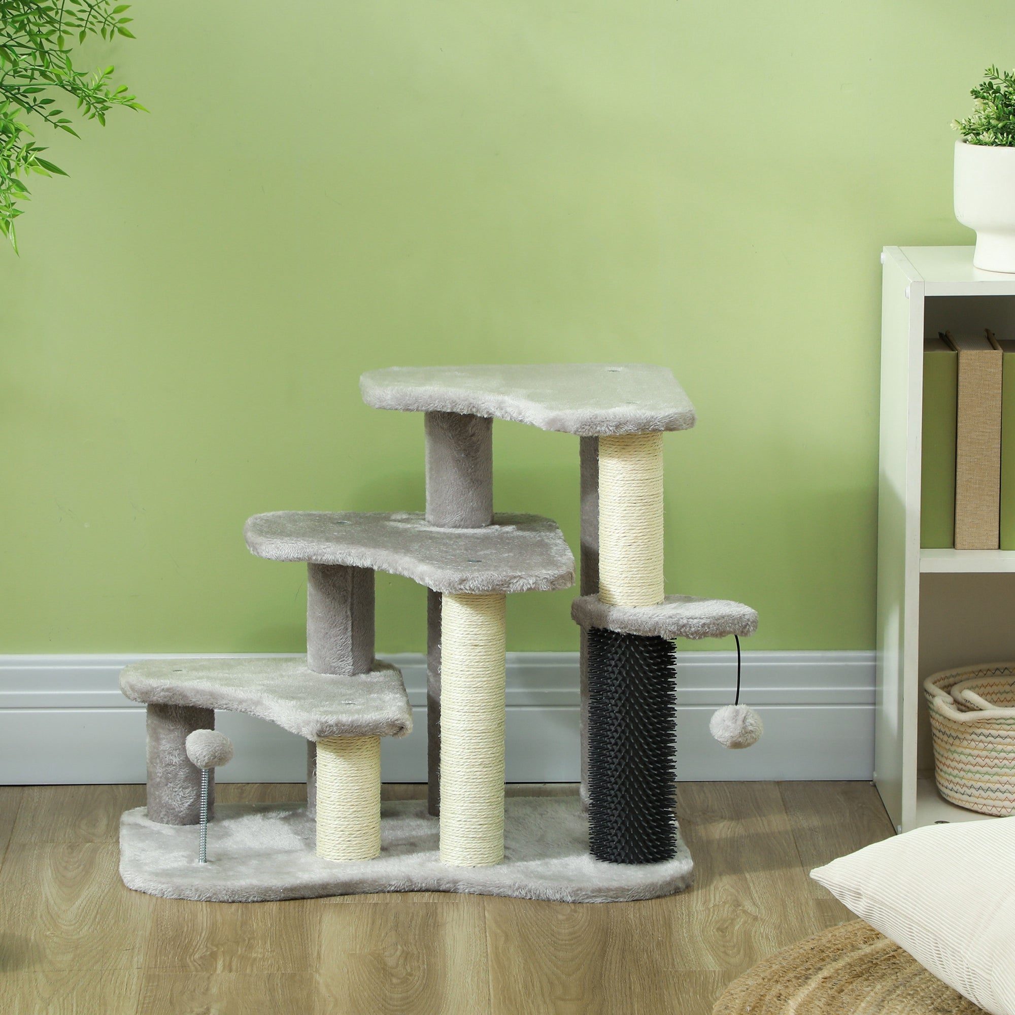 Pet Steps for Bed and Sofa Dog Cat Stairs w/ Scratching Tickling Post, Light Grey