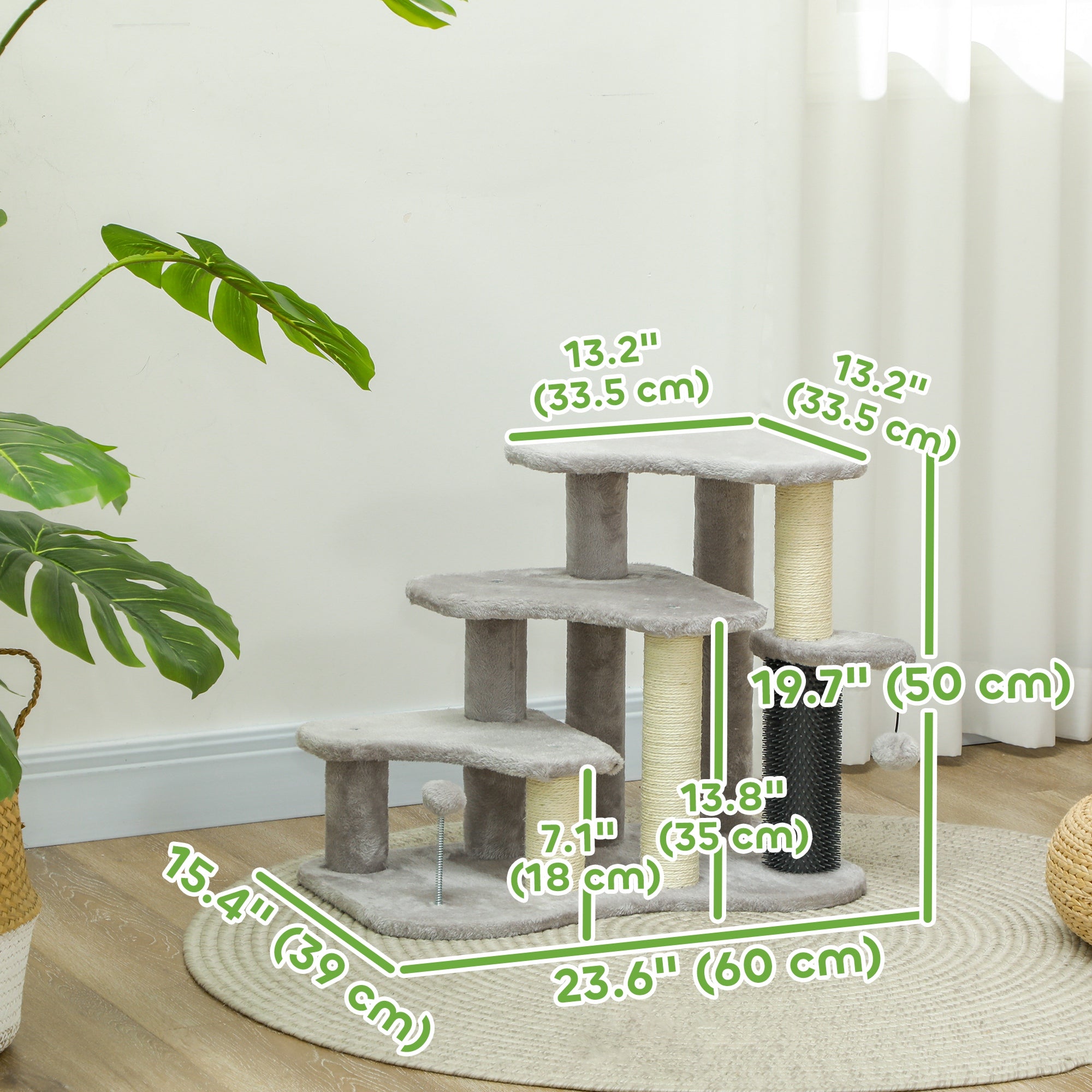 PawHut 20" Cat Tree, 2 in 1 Cat Tower 3 Steps Pet Stairs with Scratching Posts, Tickling Post, Toy Balls, Cat Stairs for Bed, Couch, Sofa, Light Grey