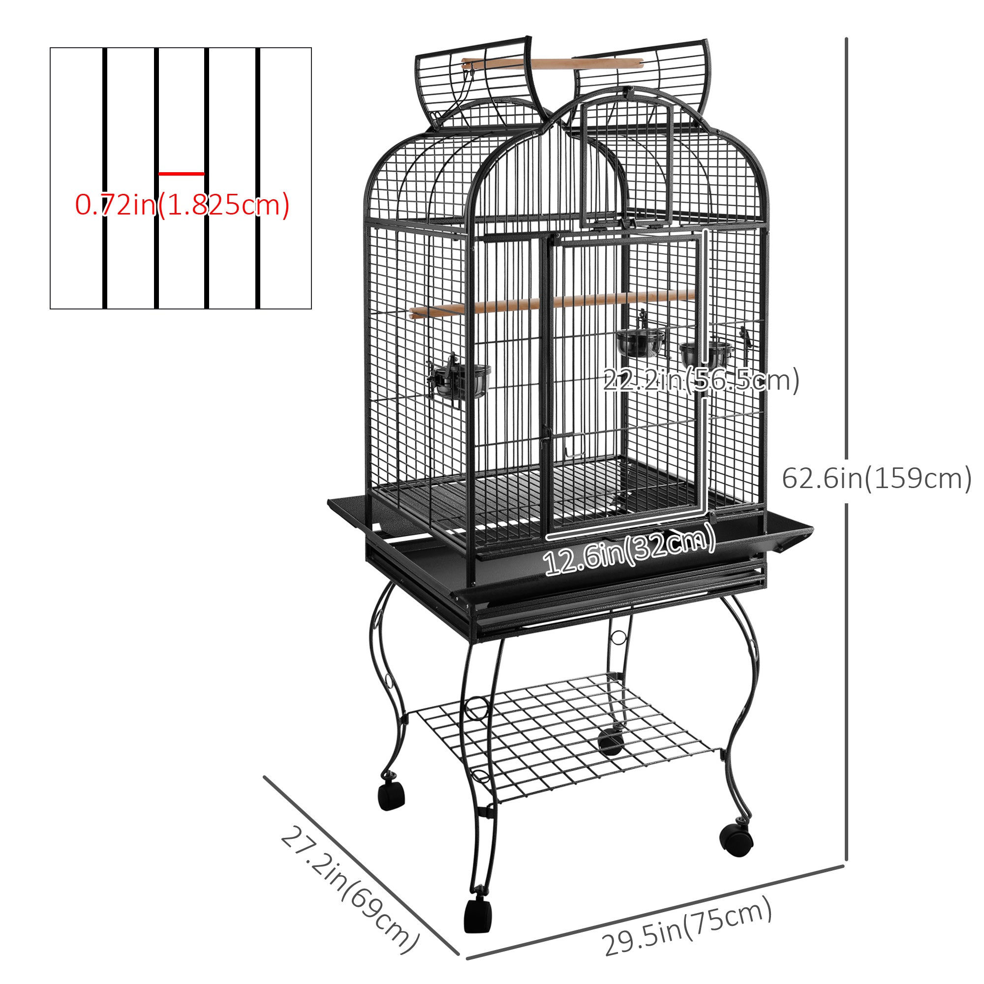 PawHut 63-inch Large Bird Parrot Cage Rolling Cockatiel Finch Macaw Aviary Cage Open Play Top with 2 Perch 3 Stainless Steel Cup Pet Furniture