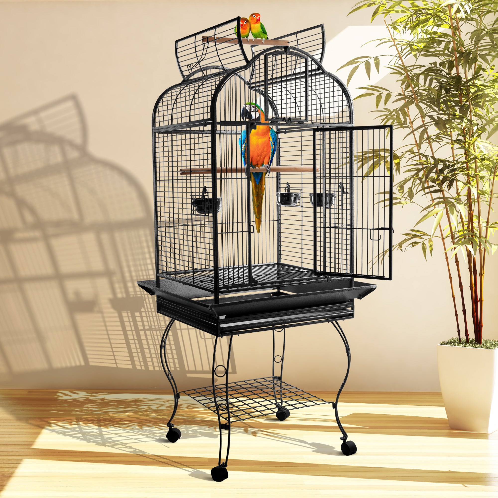 PawHut 63-inch Large Bird Parrot Cage Rolling Cockatiel Finch Macaw Aviary Cage Open Play Top with 2 Perch 3 Stainless Steel Cup Pet Furniture