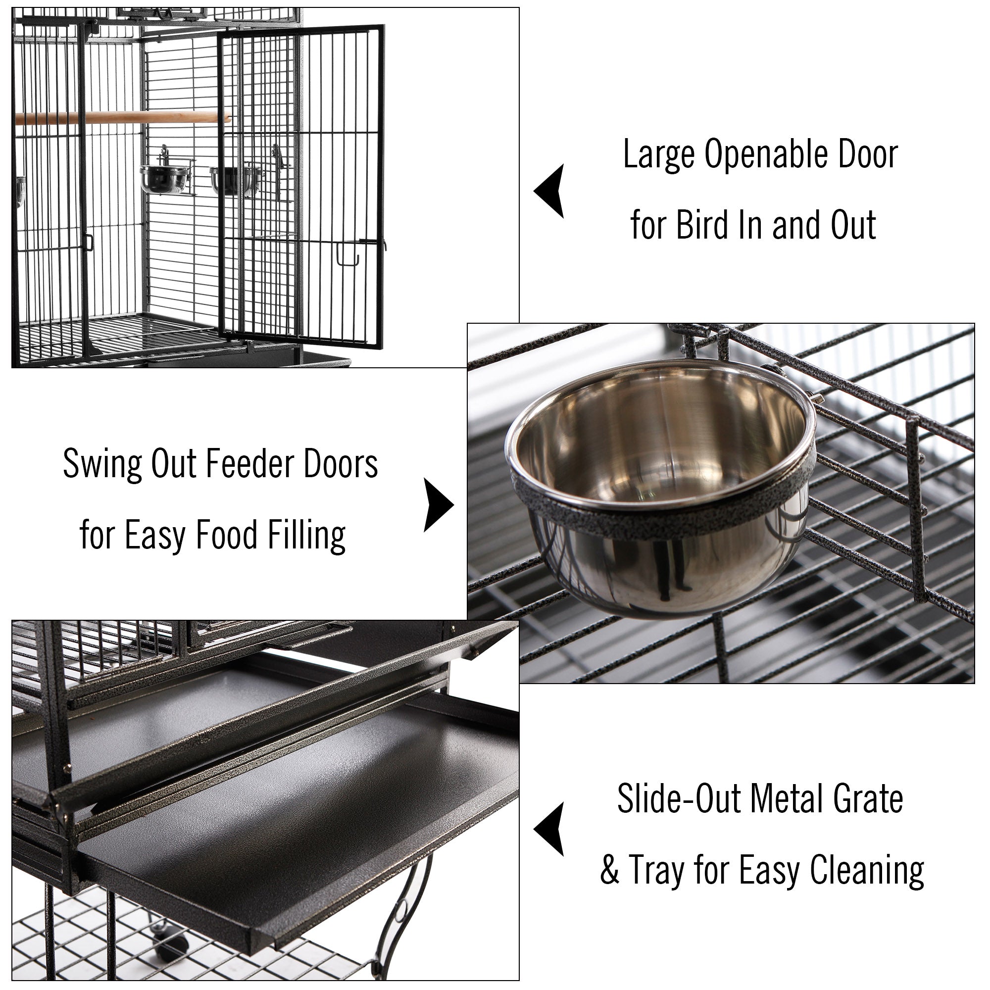 PawHut 63-inch Large Bird Parrot Cage Rolling Cockatiel Finch Macaw Aviary Cage Open Play Top with 2 Perch 3 Stainless Steel Cup Pet Furniture
