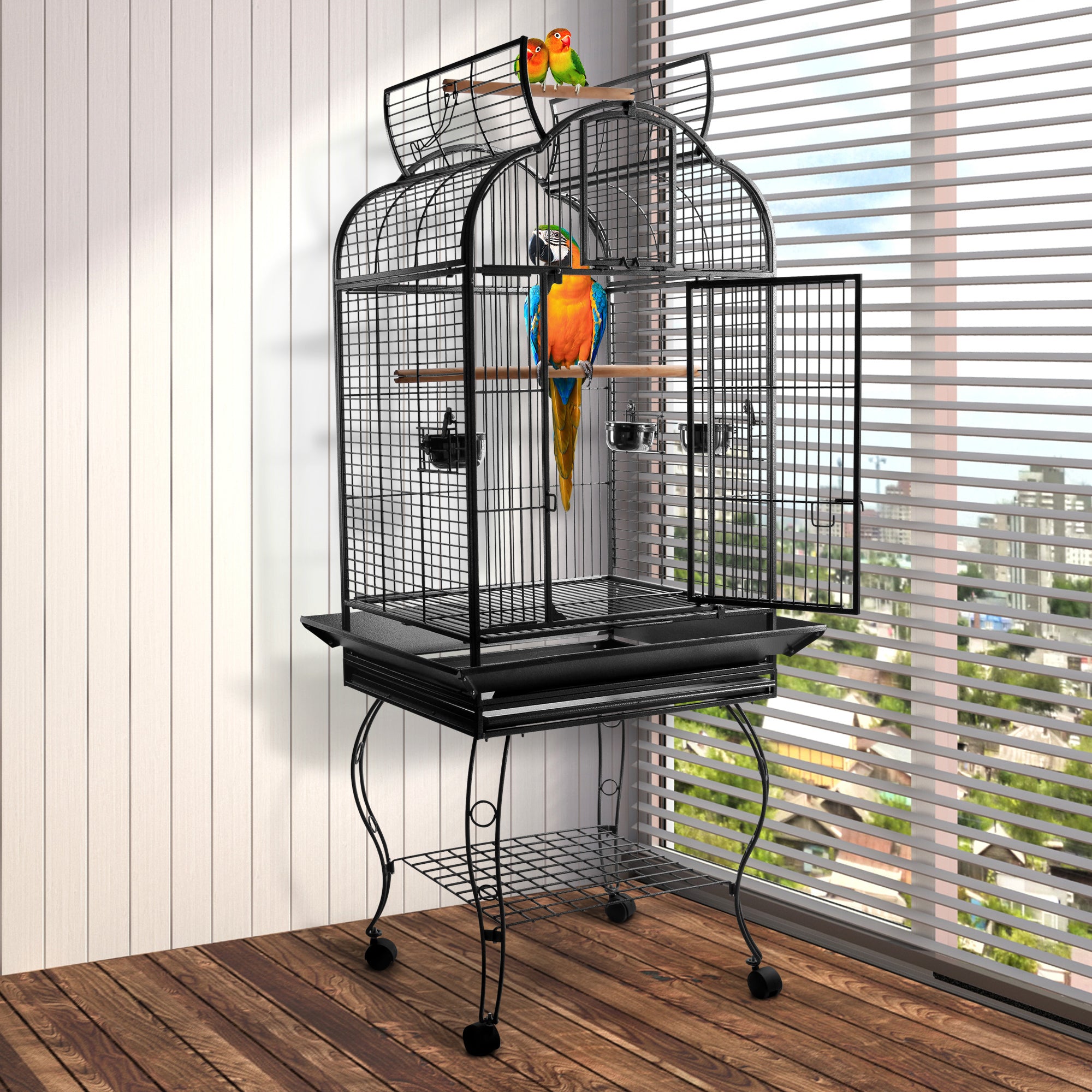 PawHut 63-inch Large Bird Parrot Cage Rolling Cockatiel Finch Macaw Aviary Cage Open Play Top with 2 Perch 3 Stainless Steel Cup Pet Furniture