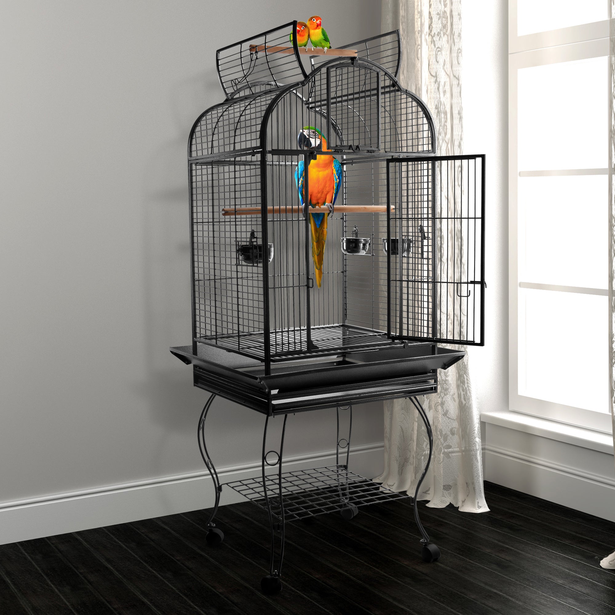 PawHut 63-inch Large Bird Parrot Cage Rolling Cockatiel Finch Macaw Aviary Cage Open Play Top with 2 Perch 3 Stainless Steel Cup Pet Furniture