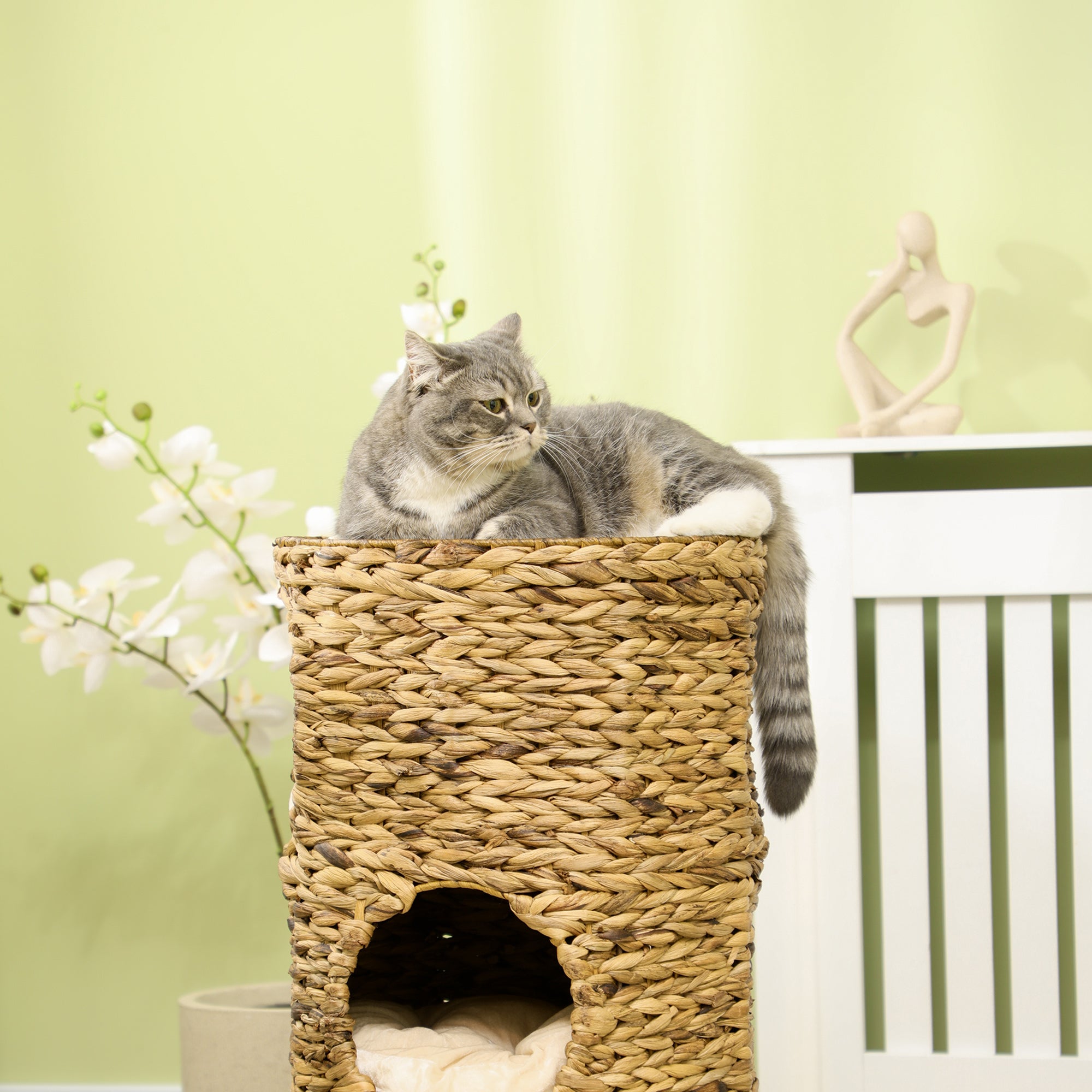 PawHut Elevated Cat Bed with Three Hideaways & Four Soft Plush Cushions, Cat Tower with Hand-Woven Materials, Multi-Layer Raised Kitten Bed Caves