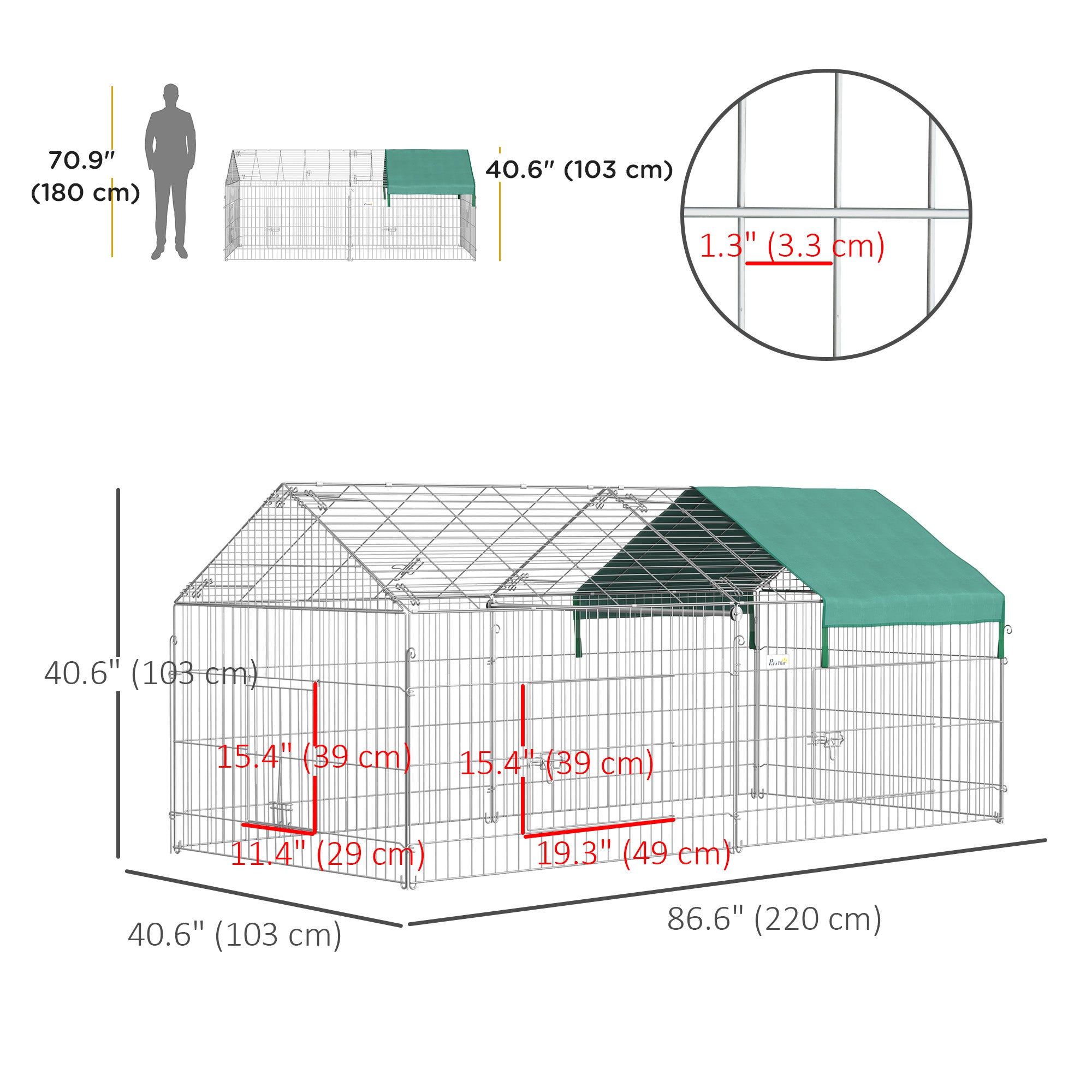 PawHut Indoor Ferret Cage Metal Chicken Run, Outdoor Dog Kennel Catio with Water-Resistant Cover, Portable Small Animal Playpen for Rabbit Guinea Pig, 86.5" x 40.5" x 40.5", Green