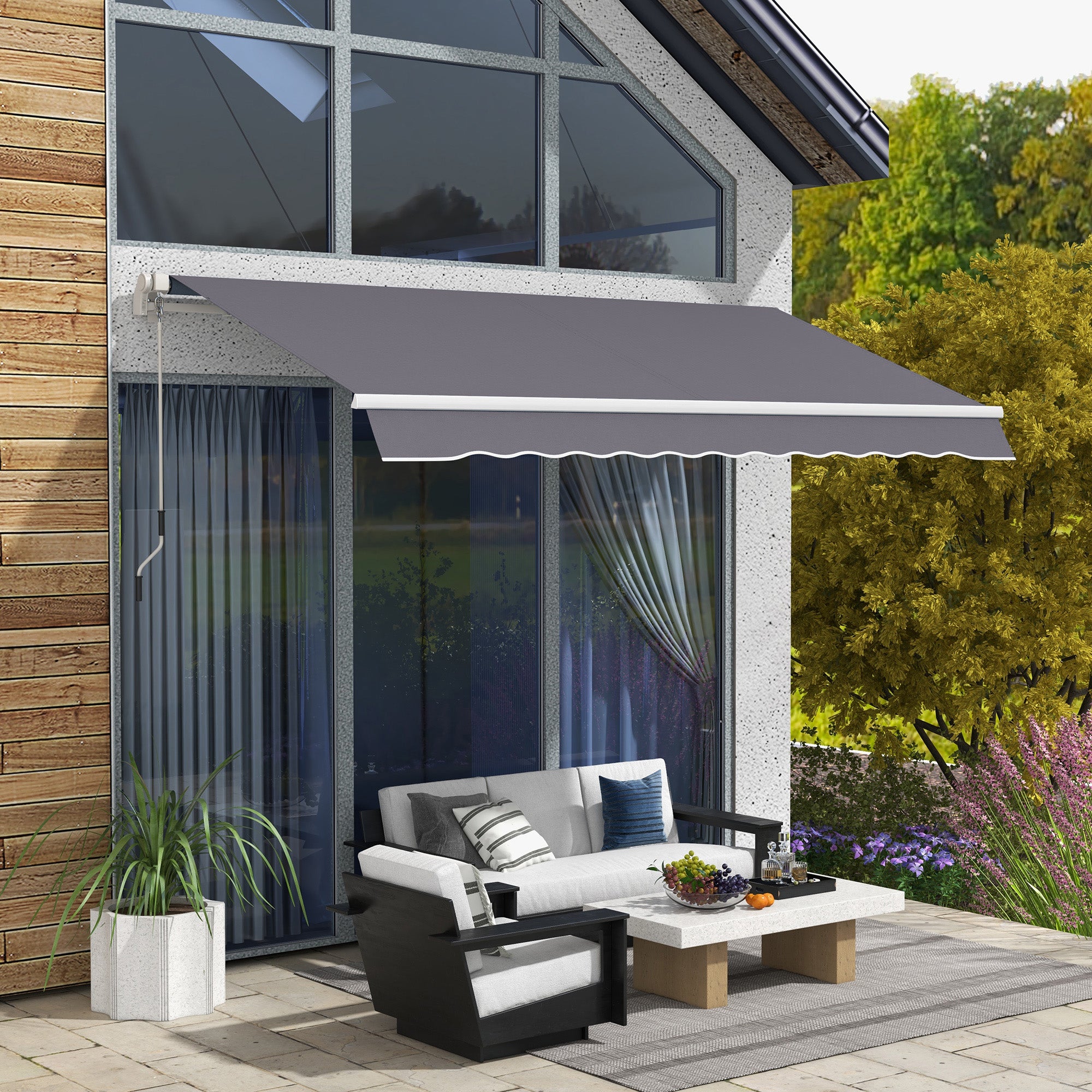 Outsunny 12' x 10' Retractable Awning Patio Sun Shade Shelter with Manual Crank Handle, UV & Water-Resistant Fabric and Aluminum Frame for Deck, Balcony, Yard, Dark Grey