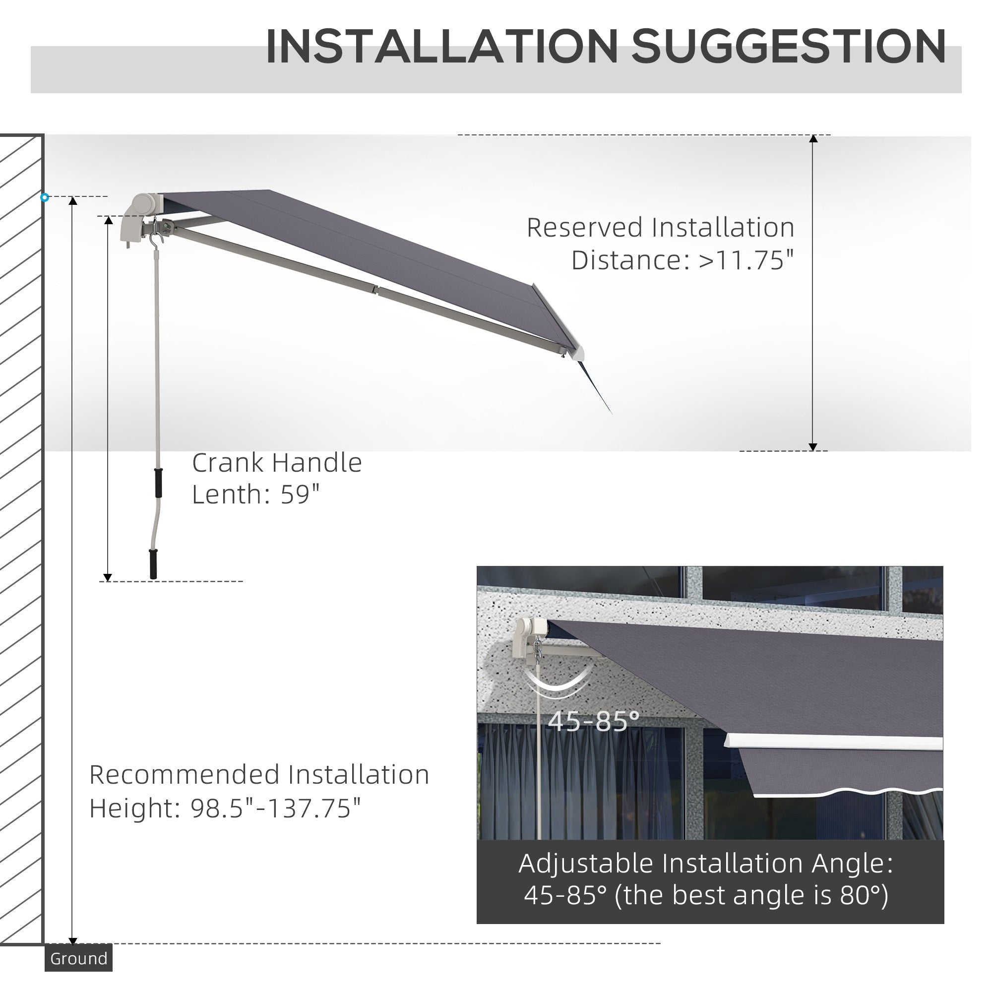 Outsunny 12' x 10' Retractable Awning Patio Sun Shade Shelter with Manual Crank Handle, UV & Water-Resistant Fabric and Aluminum Frame for Deck, Balcony, Yard, Dark Grey
