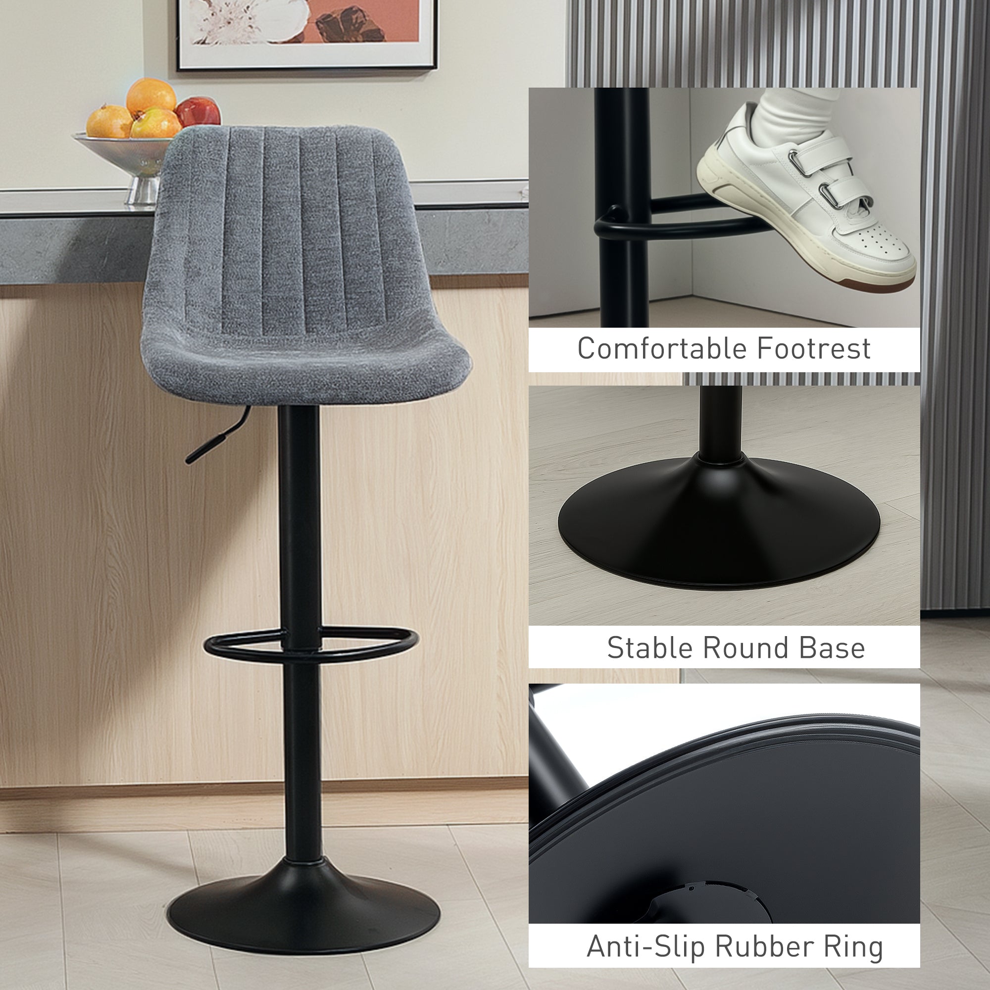 HOMCOM Adjustable Bar Stools Set of 2, Swivel Counter Height Barstools with Back, Footrest, Upholstered Chenille Bar Chairs for Kitchen Island Counter Dining Room, Charcoal Grey