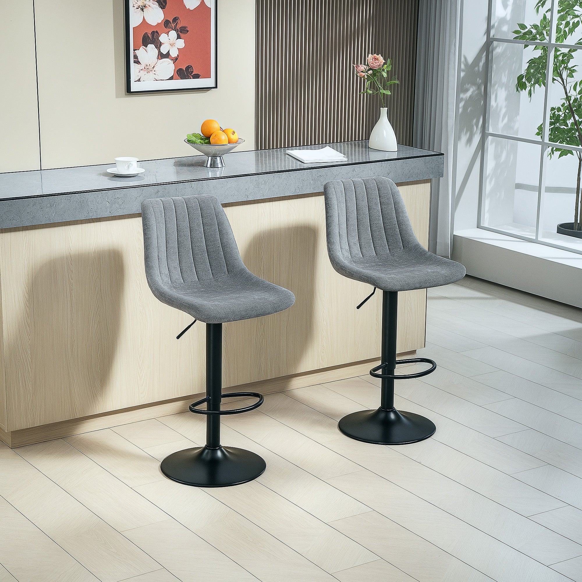 HOMCOM Adjustable Bar Stools Set of 2, Swivel Counter Height Barstools with Back, Footrest, Upholstered Chenille Bar Chairs for Kitchen Island Counter Dining Room, Charcoal Grey