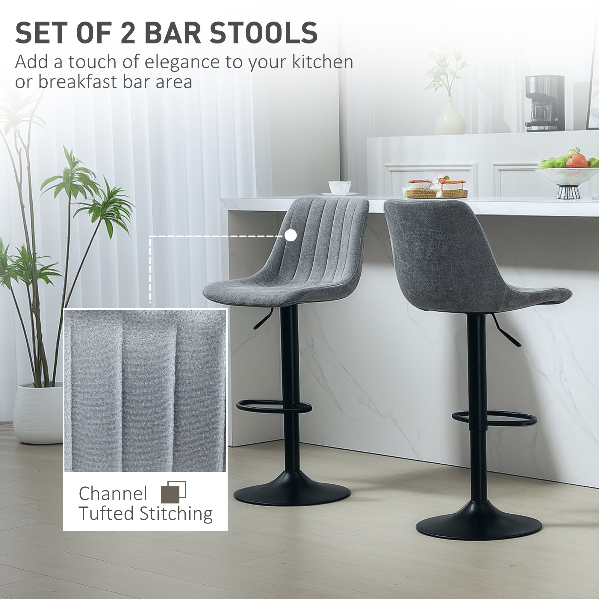 HOMCOM Adjustable Bar Stools Set of 2, Swivel Counter Height Barstools with Back, Footrest, Upholstered Chenille Bar Chairs for Kitchen Island Counter Dining Room, Charcoal Grey