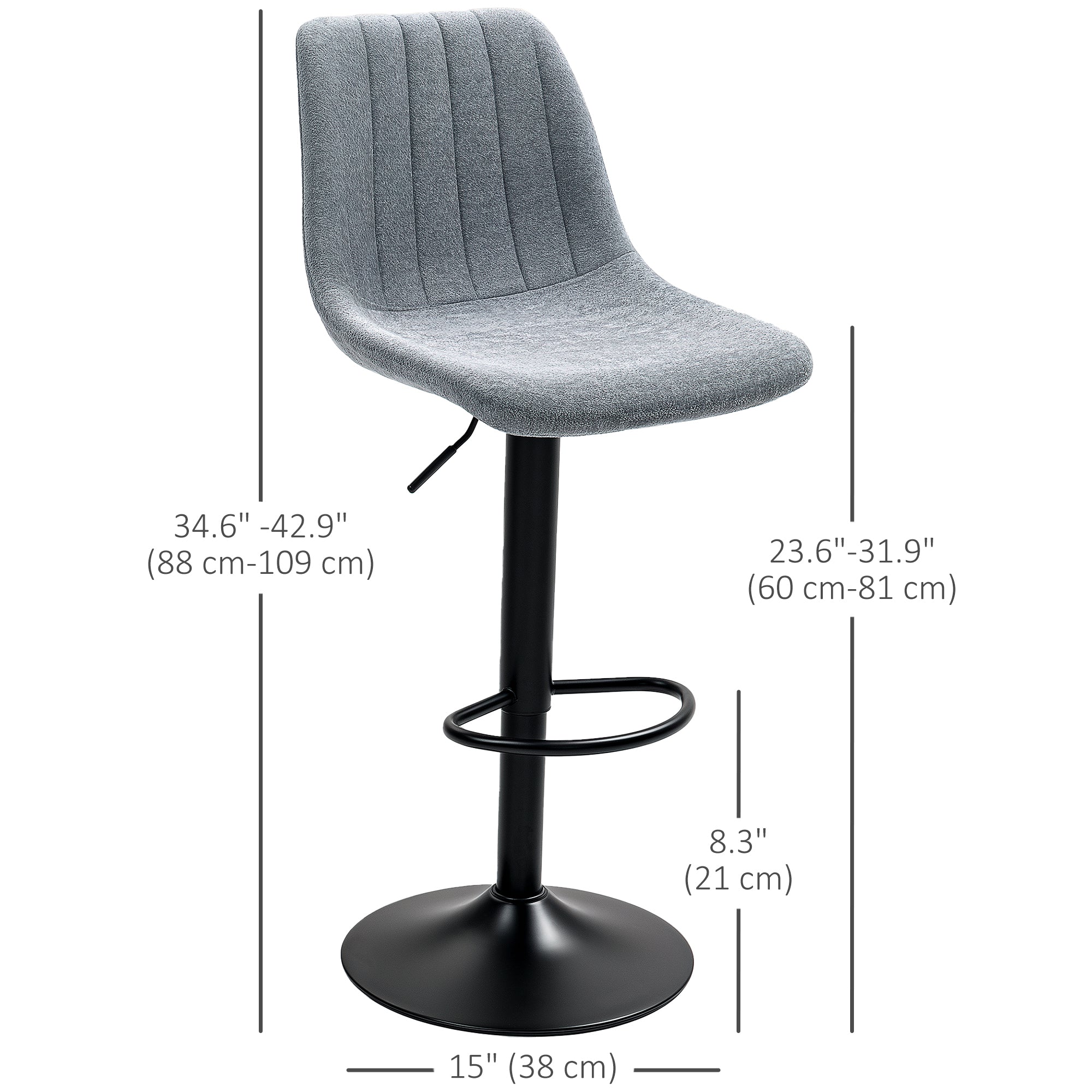 HOMCOM Adjustable Bar Stools Set of 2, Swivel Counter Height Barstools with Back, Footrest, Upholstered Chenille Bar Chairs for Kitchen Island Counter Dining Room, Charcoal Grey