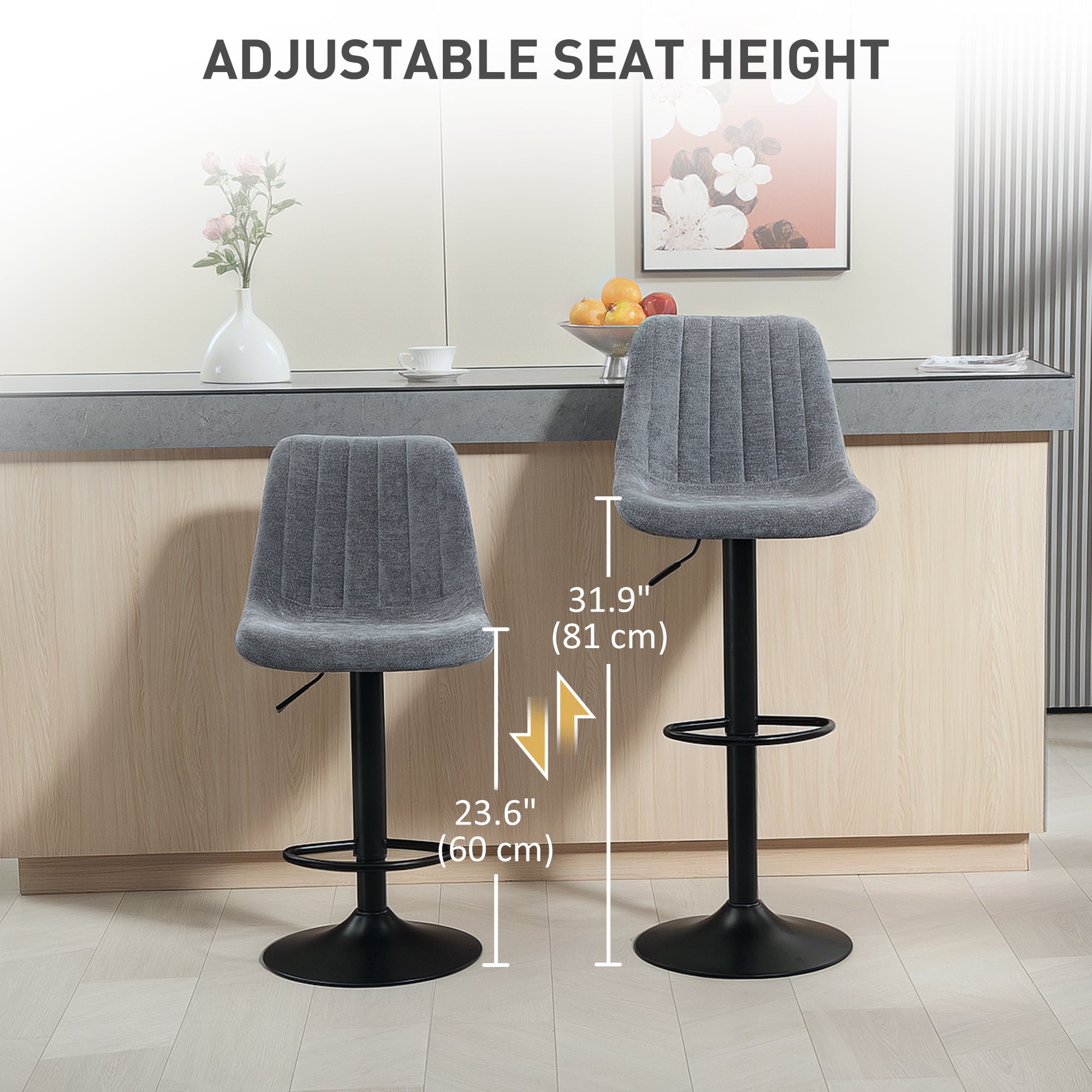 HOMCOM Adjustable Bar Stools Set of 2, Swivel Counter Height Barstools with Back, Footrest, Upholstered Chenille Bar Chairs for Kitchen Island Counter Dining Room, Charcoal Grey