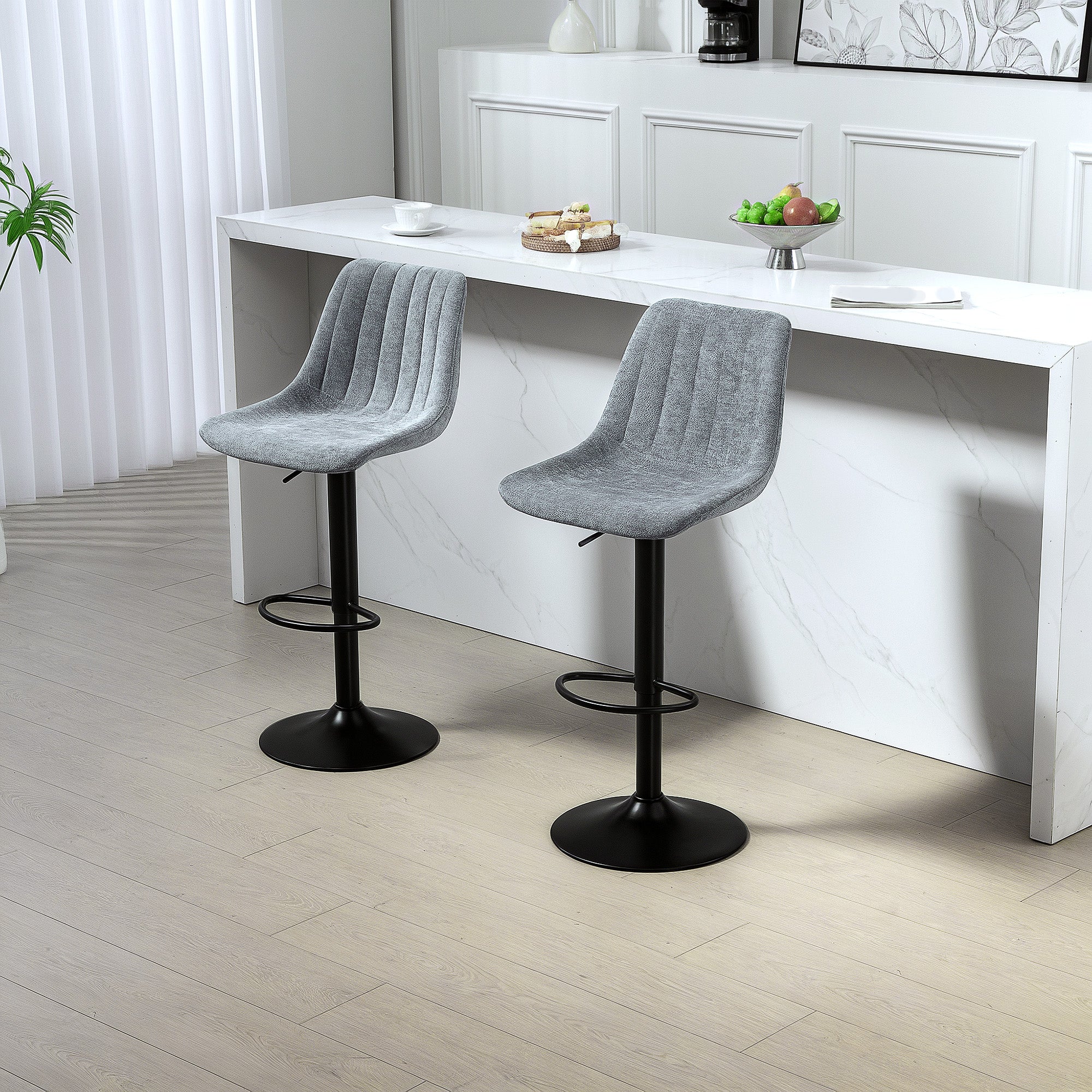 HOMCOM Adjustable Bar Stools Set of 2, Swivel Counter Height Barstools with Back, Footrest, Upholstered Chenille Bar Chairs for Kitchen Island Counter Dining Room, Charcoal Grey