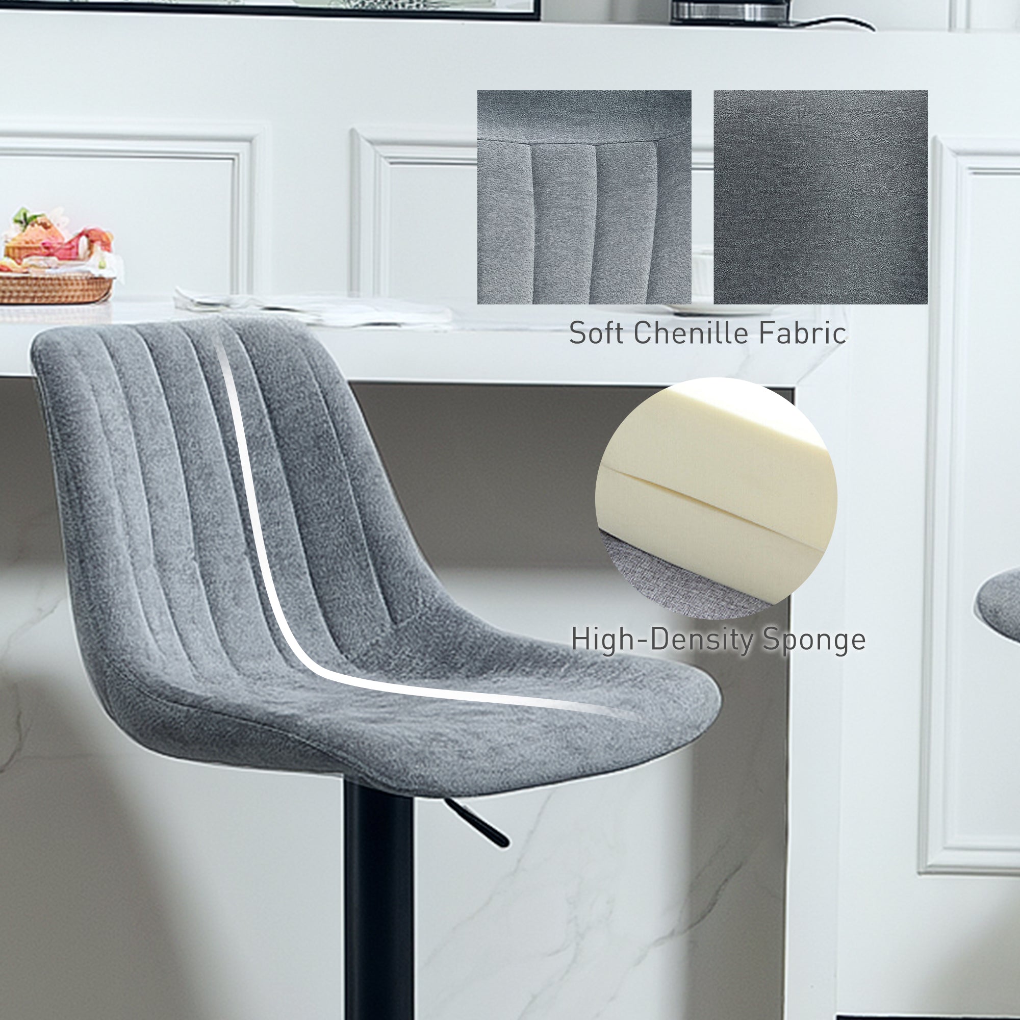 HOMCOM Adjustable Bar Stools Set of 2, Swivel Counter Height Barstools with Back, Footrest, Upholstered Chenille Bar Chairs for Kitchen Island Counter Dining Room, Charcoal Grey