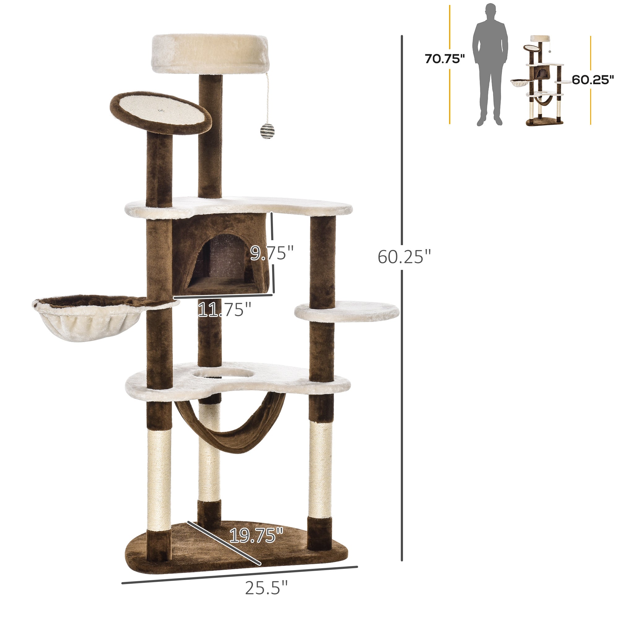 PawHut 60 Inch Cat Tree for Large Cats Adult, Large Tall Cat Tower with Scratching Posts and 2 Hammocks, Multi-Level Plush Cat Condo for Indoor Cats with Kitten Toys