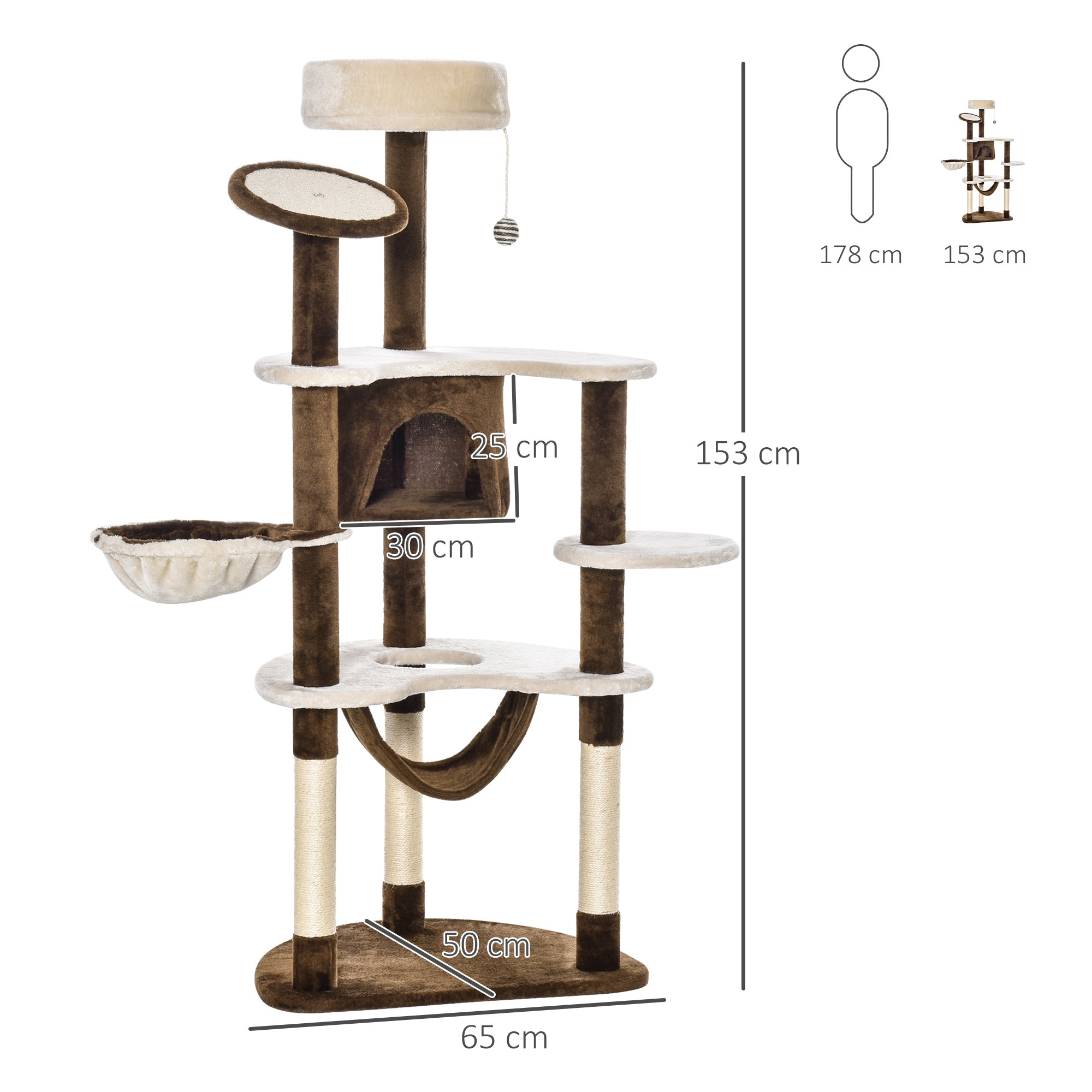 PawHut Cat Tree for Indoor Cats Scratching Tower House Activity Center Post Climbing Hammock Condo Perch 153 cm