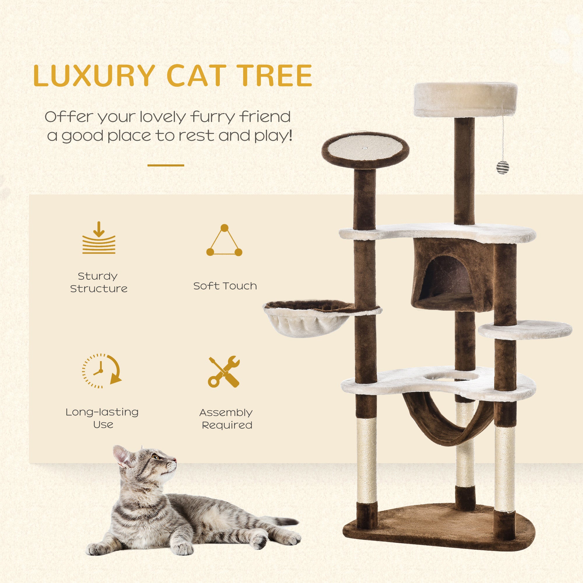 PawHut 60 Inch Cat Tree for Large Cats Adult, Large Tall Cat Tower with Scratching Posts and 2 Hammocks, Multi-Level Plush Cat Condo for Indoor Cats with Kitten Toys