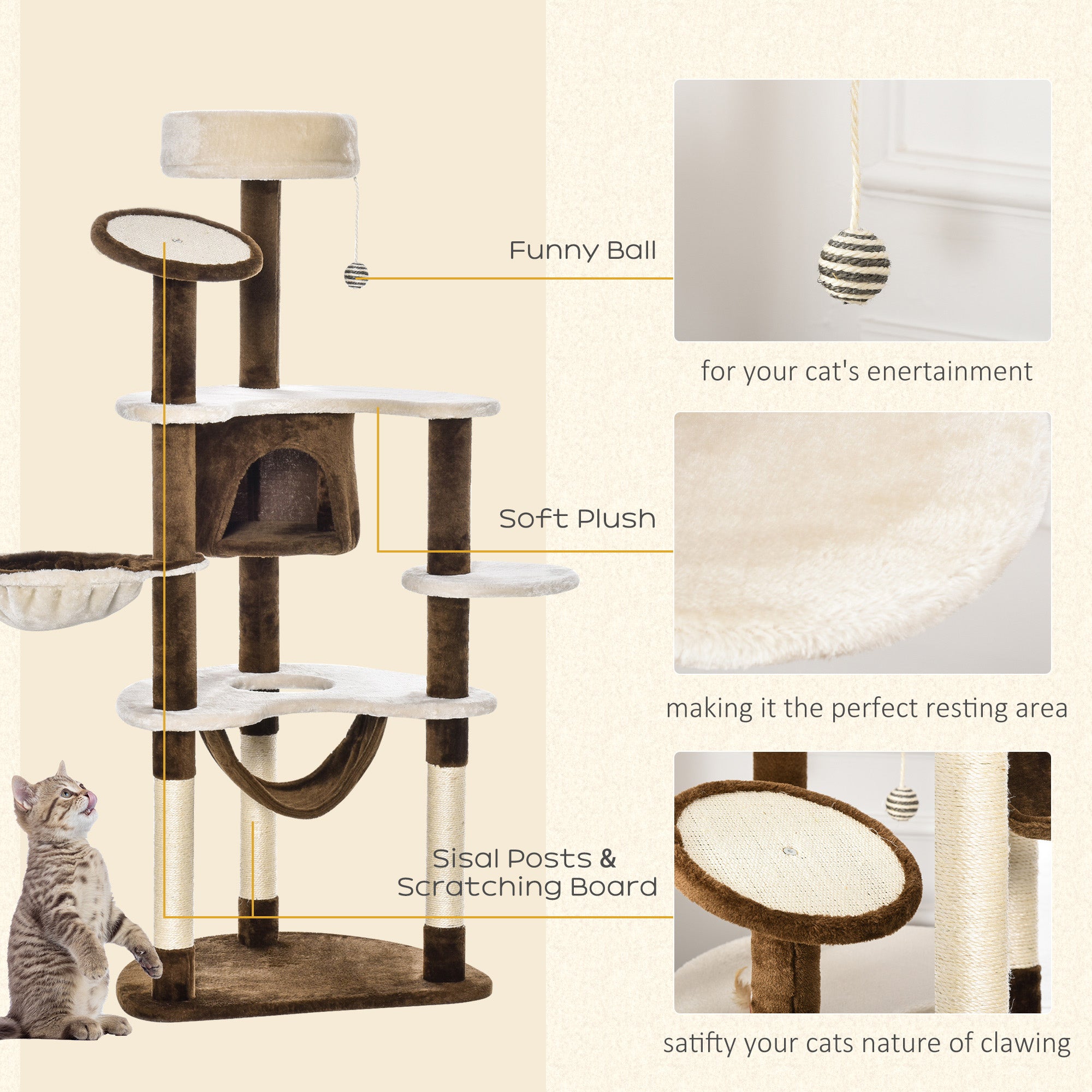 PawHut 60 Inch Cat Tree for Large Cats Adult, Large Tall Cat Tower with Scratching Posts and 2 Hammocks, Multi-Level Plush Cat Condo for Indoor Cats with Kitten Toys