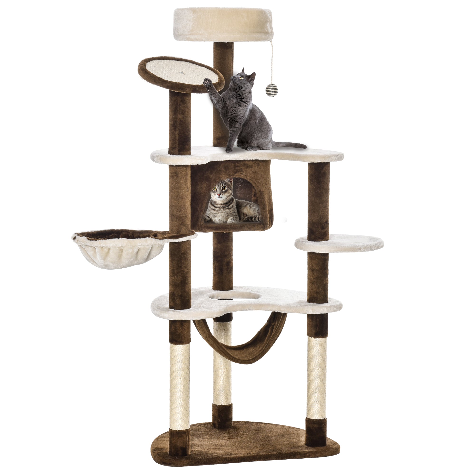 PawHut 60 Inch Cat Tree for Large Cats Adult, Large Tall Cat Tower with Scratching Posts and 2 Hammocks, Multi-Level Plush Cat Condo for Indoor Cats with Kitten Toys