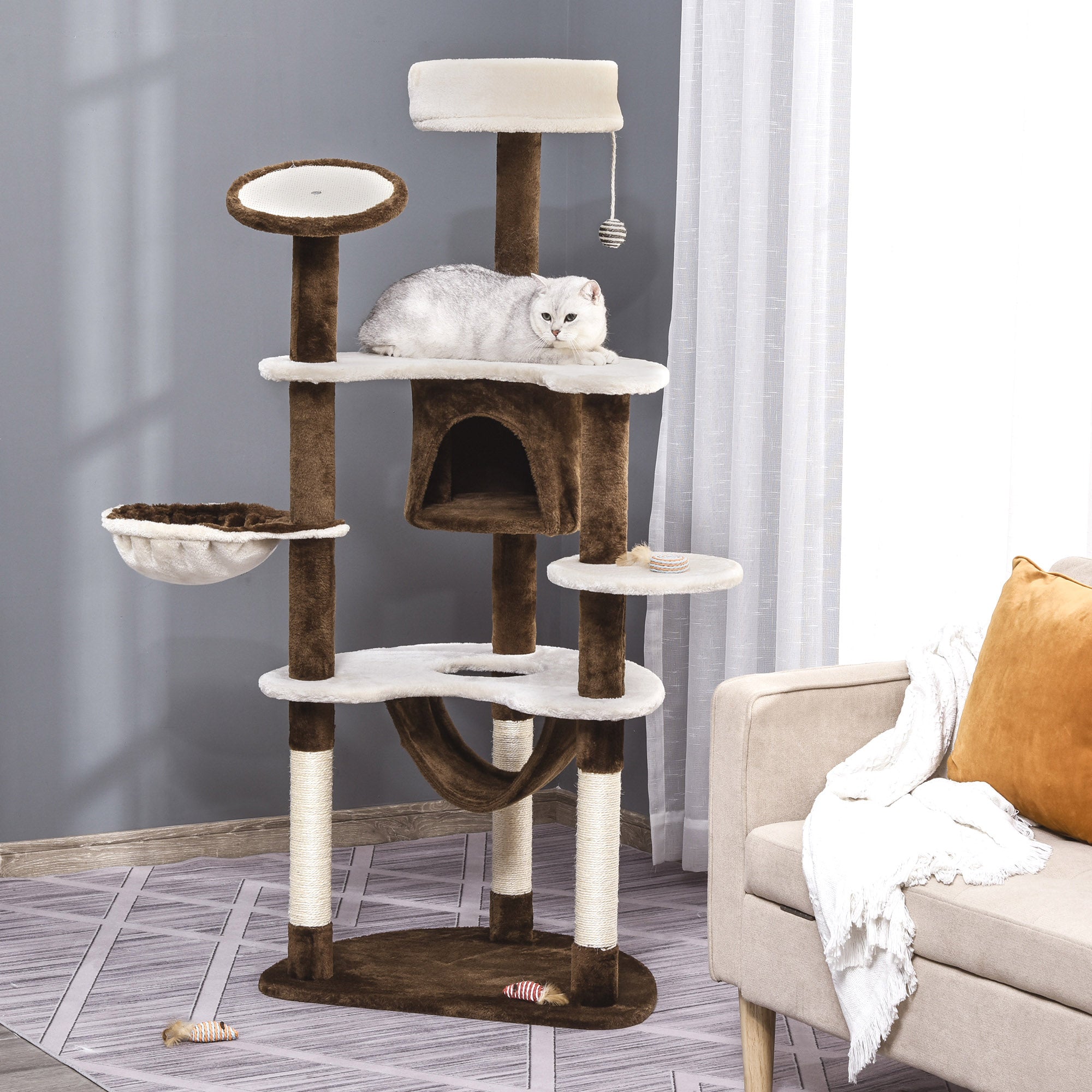 PawHut 60 Inch Cat Tree for Large Cats Adult, Large Tall Cat Tower with Scratching Posts and 2 Hammocks, Multi-Level Plush Cat Condo for Indoor Cats with Kitten Toys