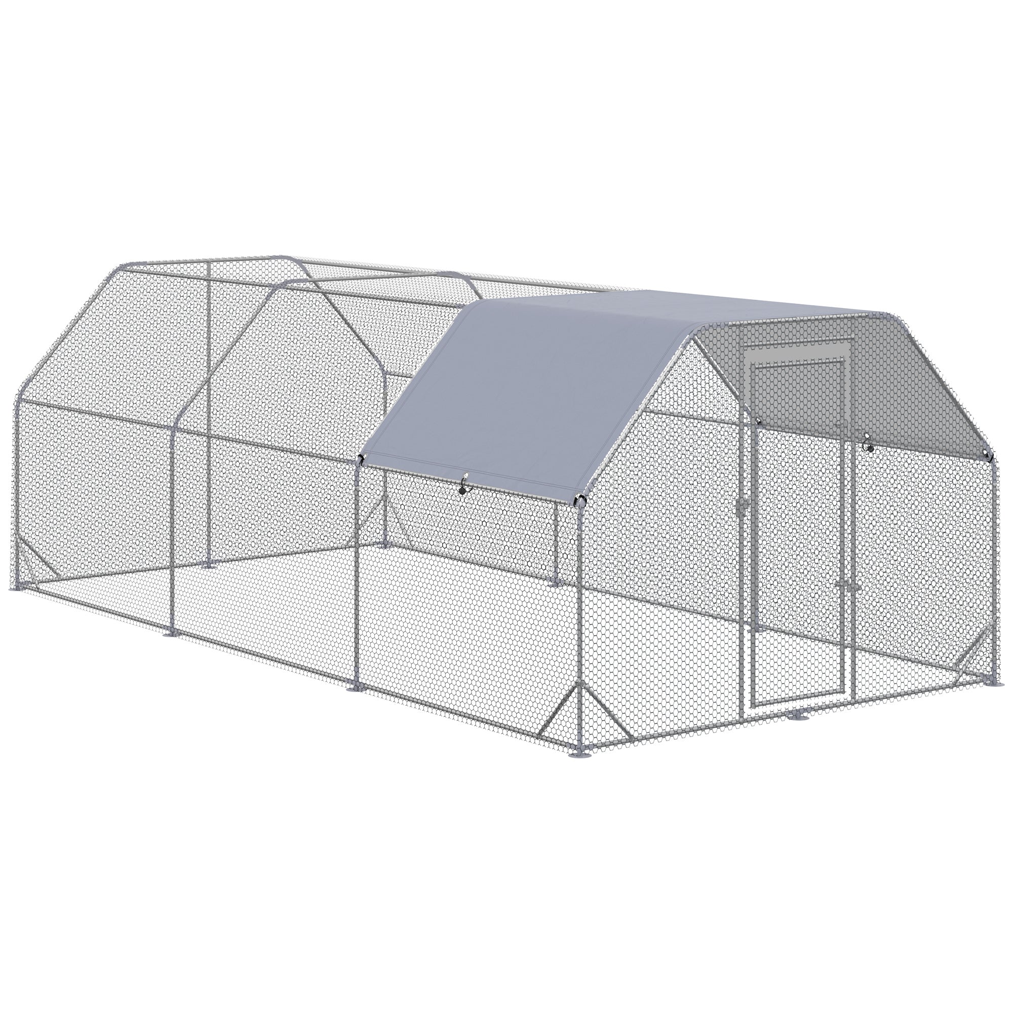 PawHut Chicken Run, Galvanized Large Metal Chicken Coop Cage, Walk-in Enclosure Poultry Hen Run House Playpen Rabbit Hutch with Flat Roof, Cover, for Outdoor Backyard, 9.2' x 18.7' x 6.5', Silver