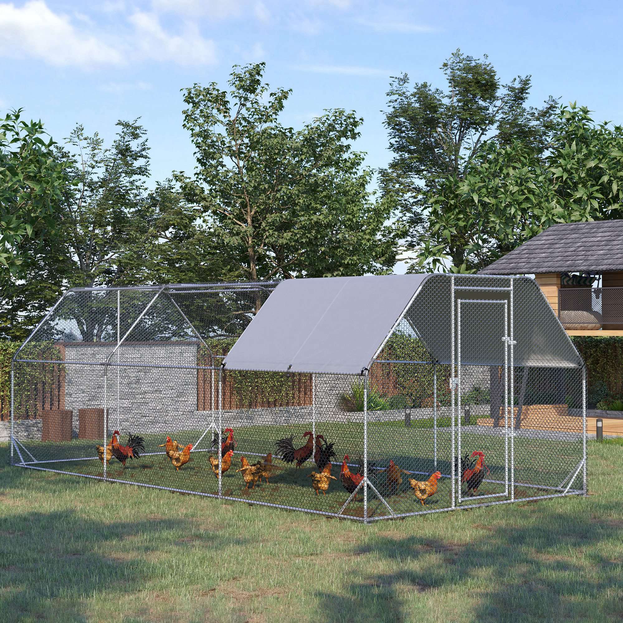 PawHut Chicken Run, Galvanized Large Metal Chicken Coop Cage, Walk-in Enclosure Poultry Hen Run House Playpen Rabbit Hutch with Flat Roof, Cover, for Outdoor Backyard, 9.2' x 18.7' x 6.5', Silver