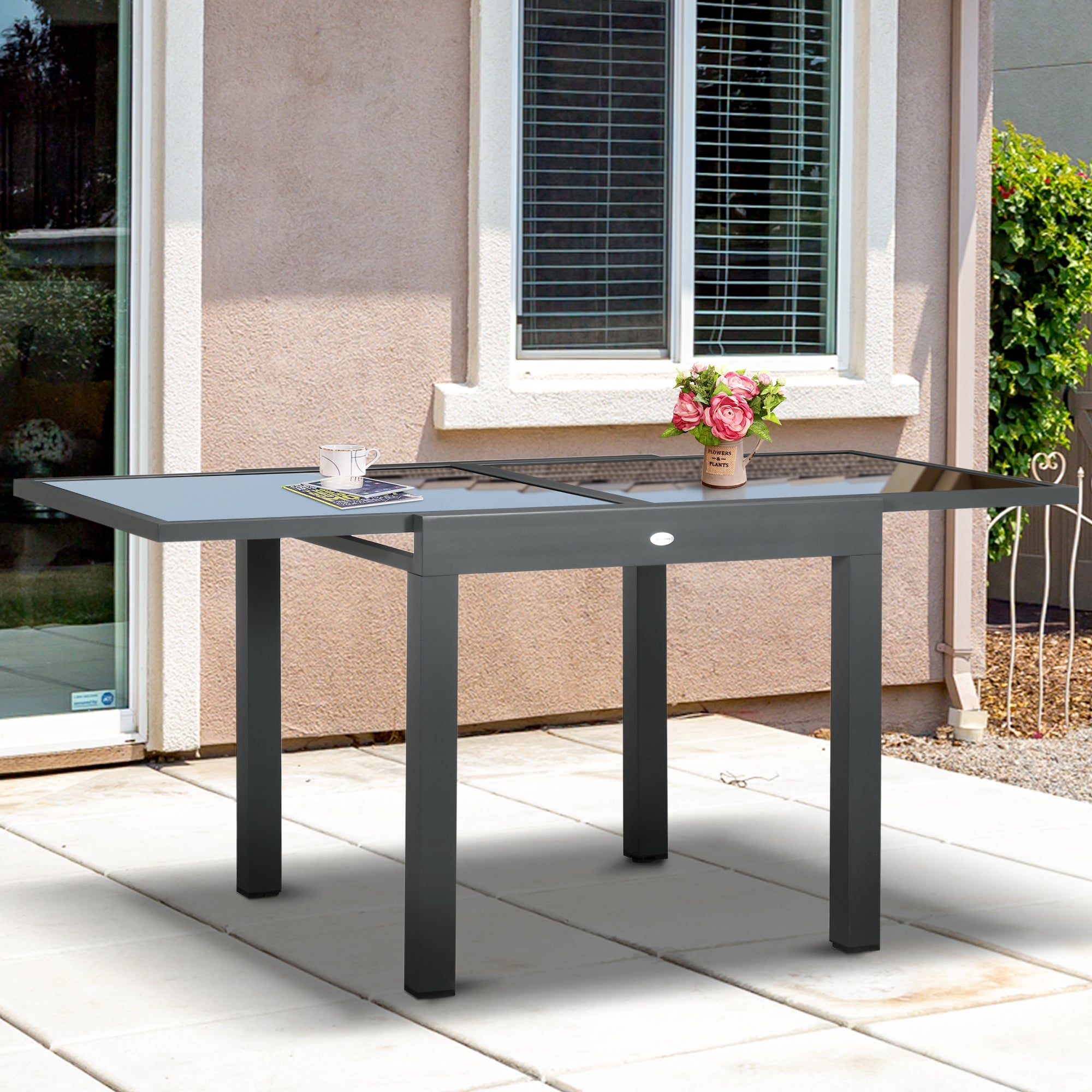 Outsunny 63" Extendable Outdoor Dining Table Patio Table with Aluminum Frame and Tempered Glass Tabletop, Black