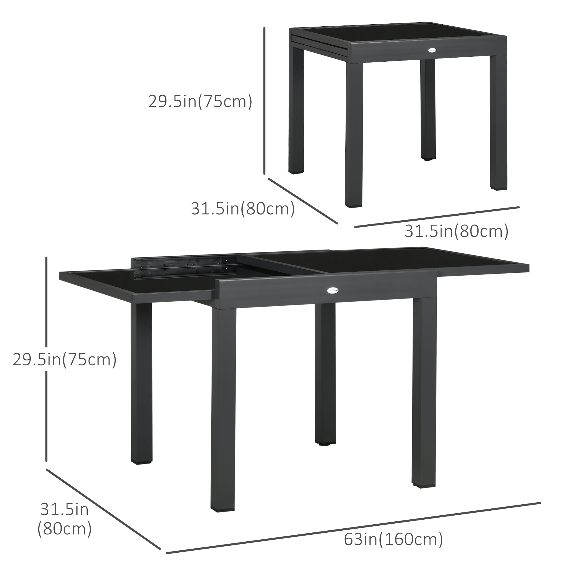 Outsunny 63" Extendable Outdoor Dining Table Patio Table with Aluminum Frame and Tempered Glass Tabletop, Black