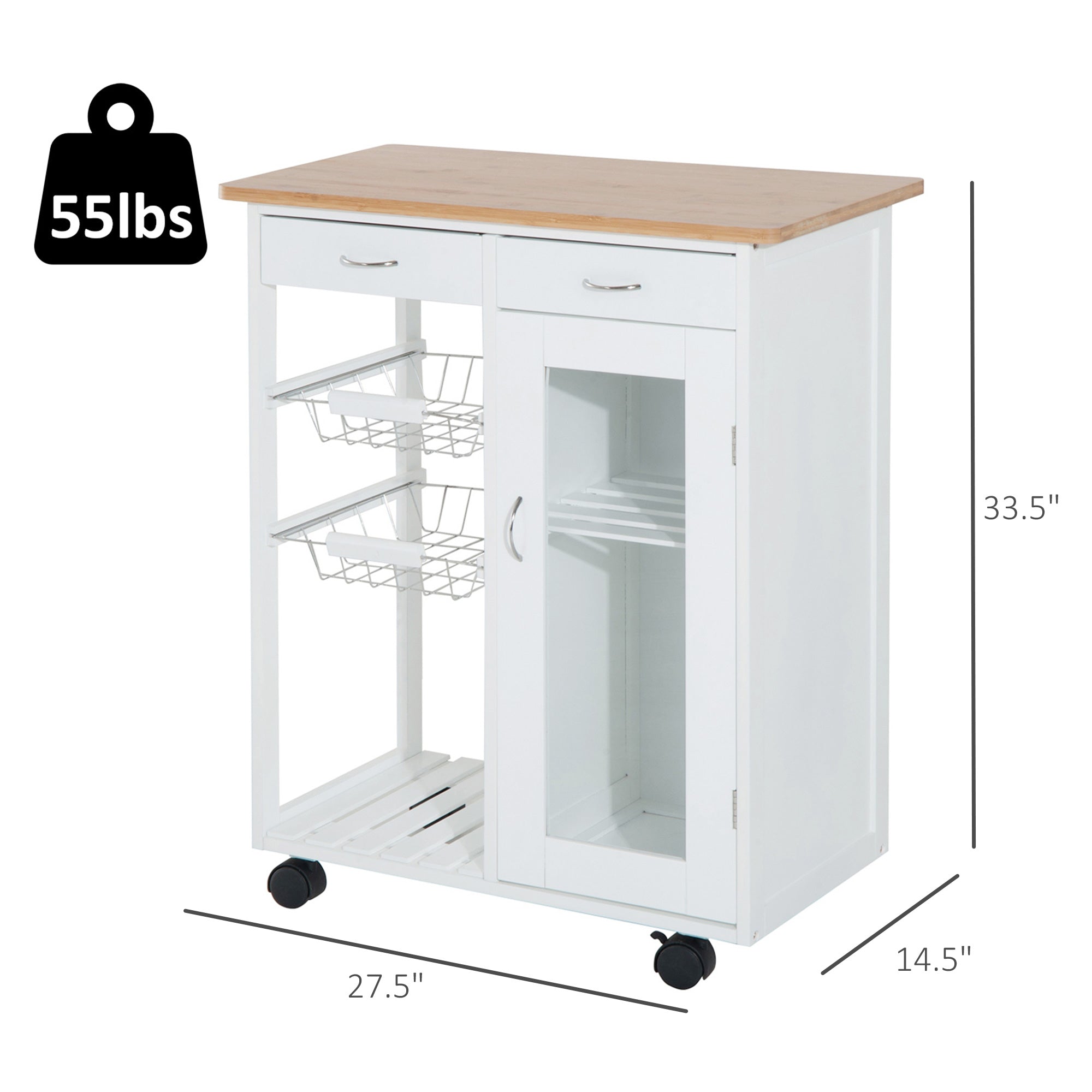 HOMCOM 34" Rolling Wood Kitchen Trolley Serving Cart with Drawer and Cabinet Wheeled Kitchen Storage Island White with Bamboo Top