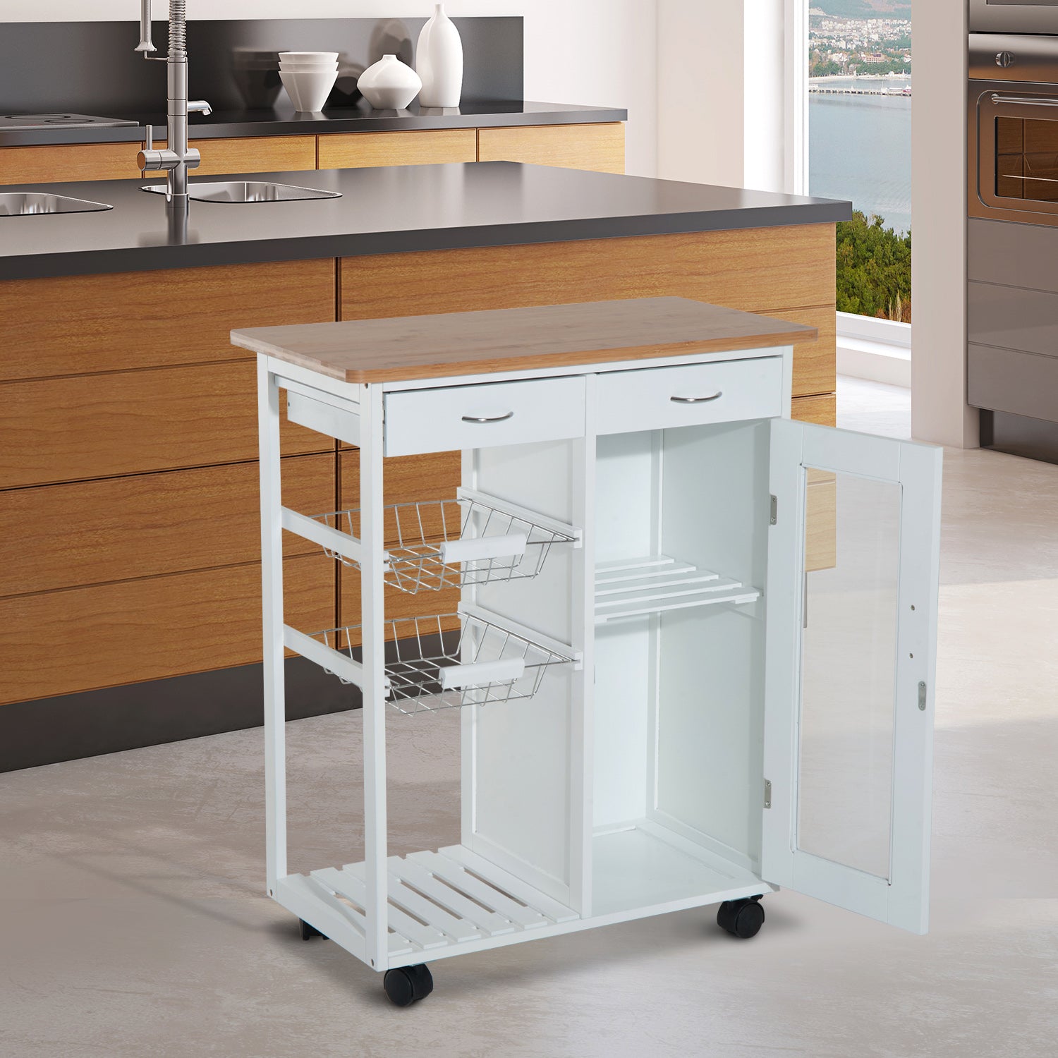 HOMCOM 34" Rolling Wood Kitchen Trolley Serving Cart with Drawer and Cabinet Wheeled Kitchen Storage Island White with Bamboo Top