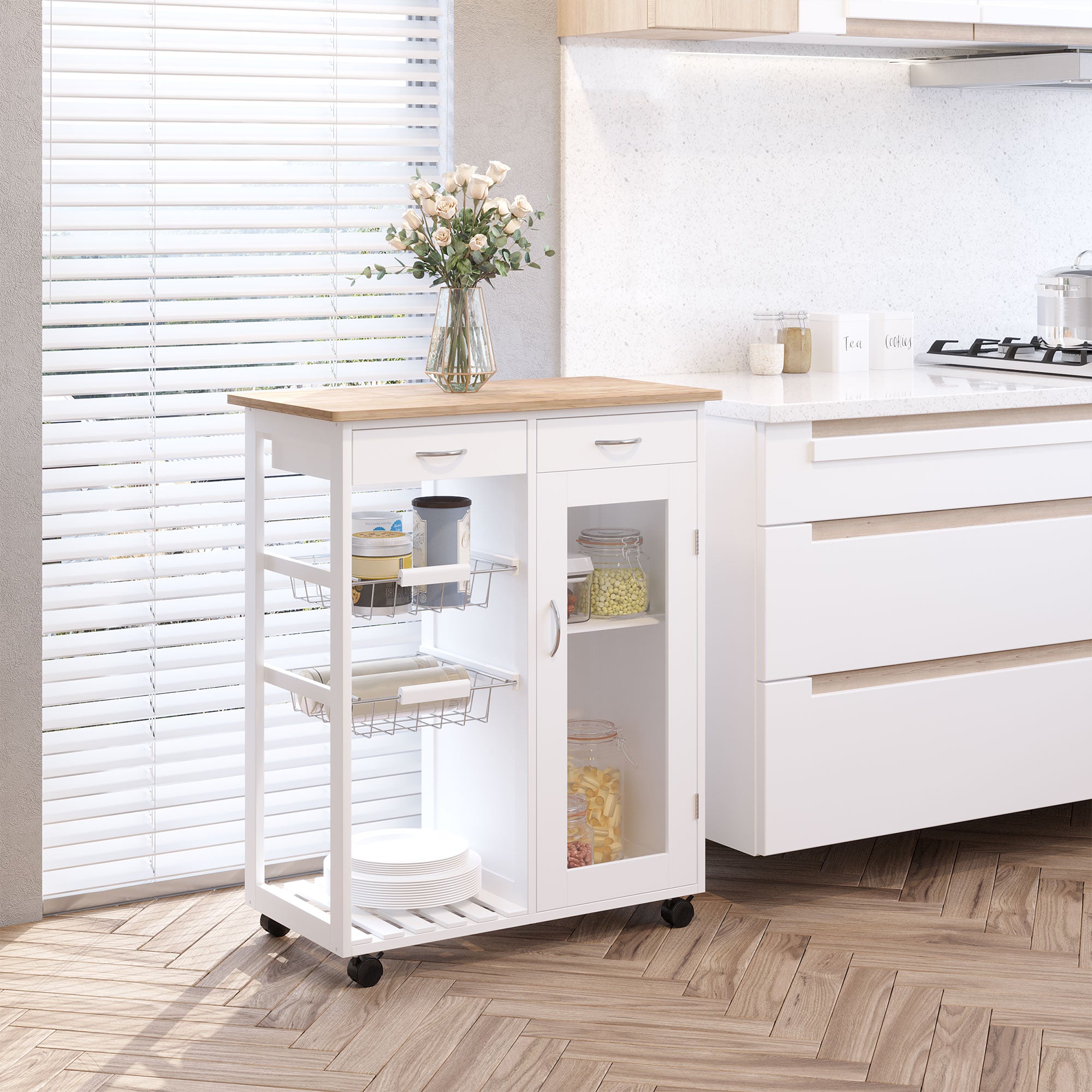 HOMCOM 34" Rolling Wood Kitchen Trolley Serving Cart with Drawer and Cabinet Wheeled Kitchen Storage Island White with Bamboo Top