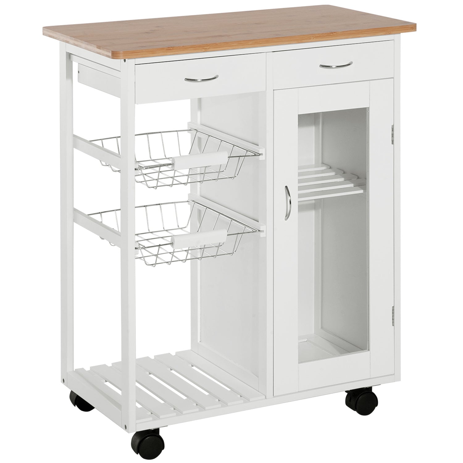 HOMCOM 34" Rolling Wood Kitchen Trolley Serving Cart with Drawer and Cabinet Wheeled Kitchen Storage Island White with Bamboo Top
