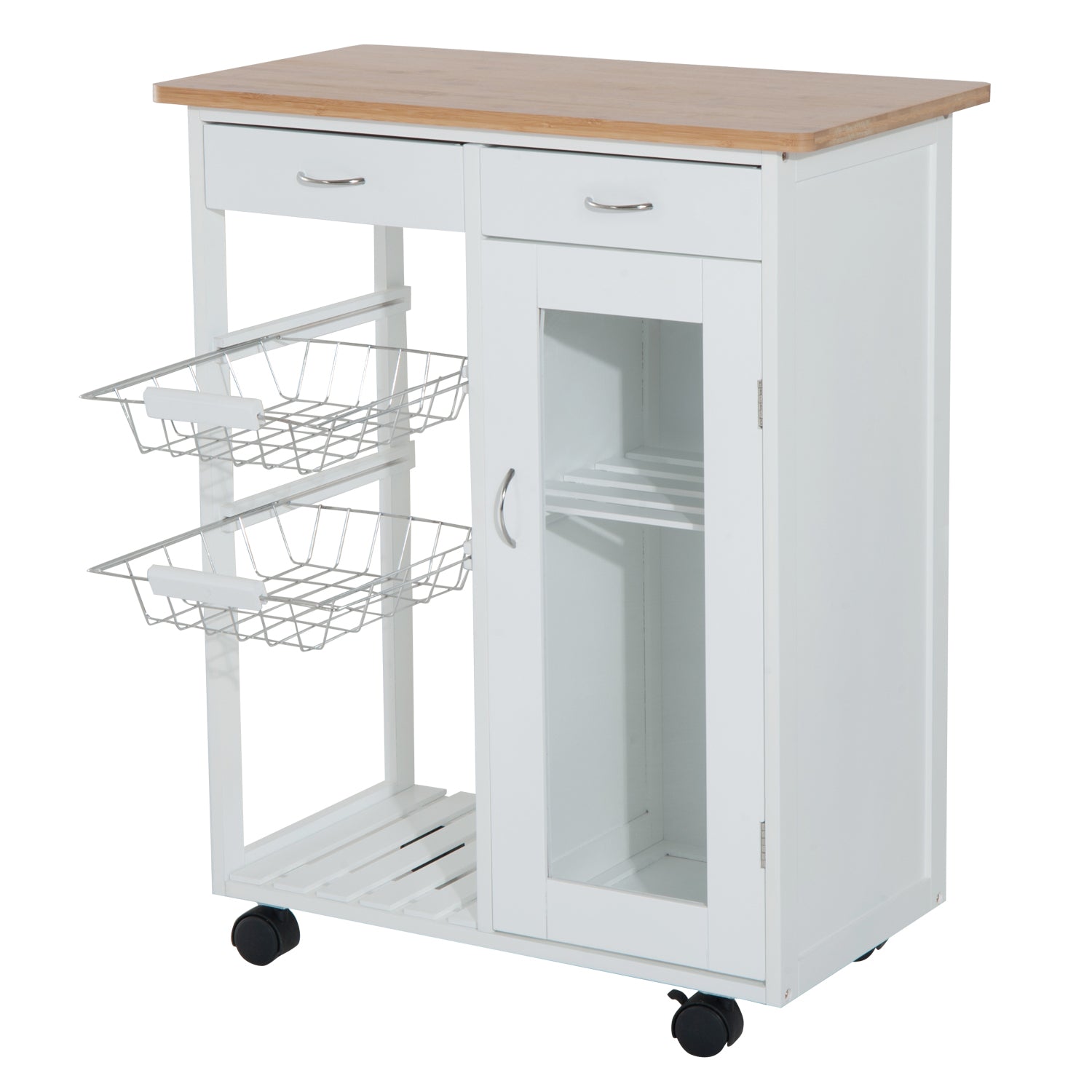 HOMCOM 34" Rolling Wood Kitchen Trolley Serving Cart with Drawer and Cabinet Wheeled Kitchen Storage Island White with Bamboo Top
