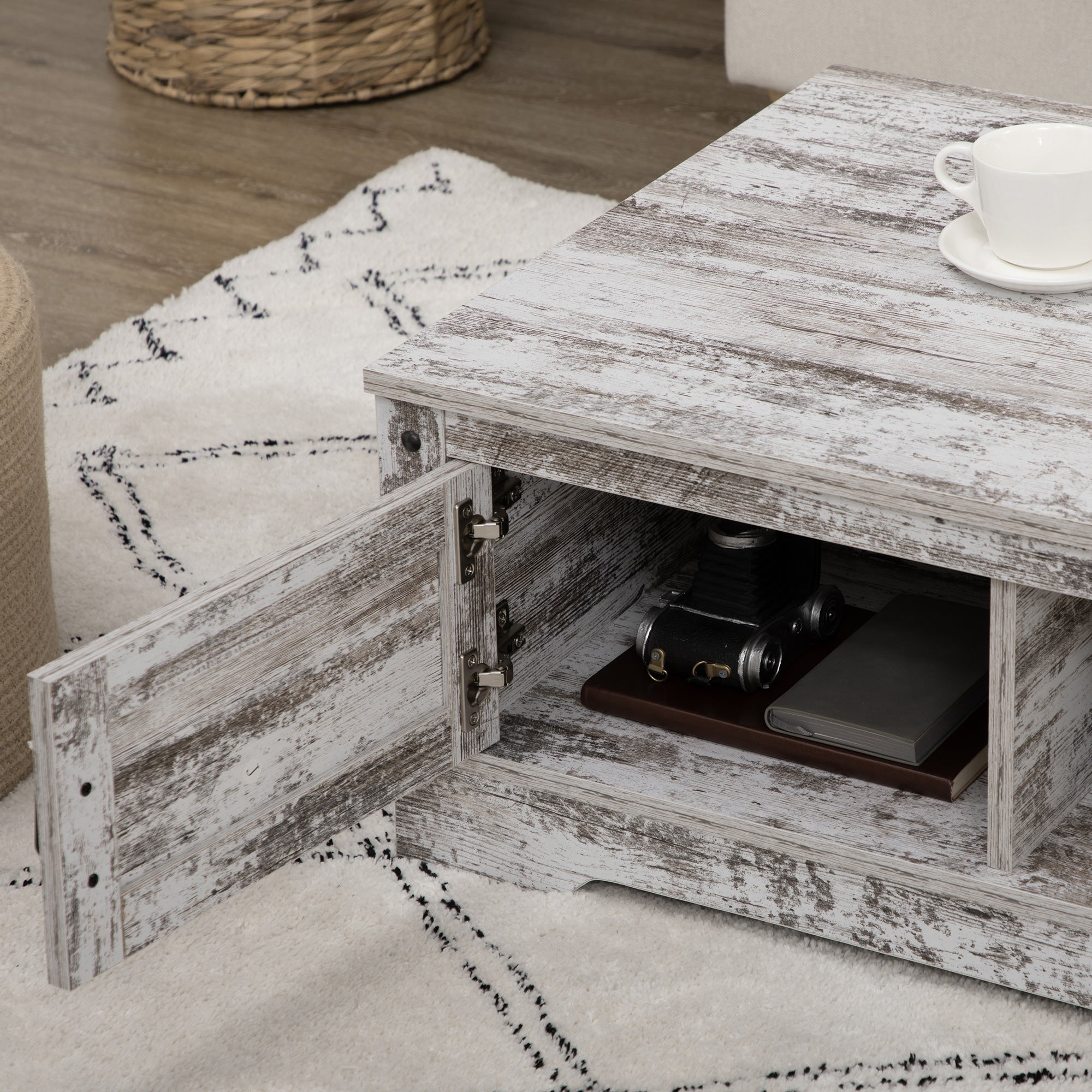 HOMCOM Coffee Table, Vintage Style Center Table with Cabinet, Open Storage Compartments, Coffee Tables for Living Room, Bed Room, White