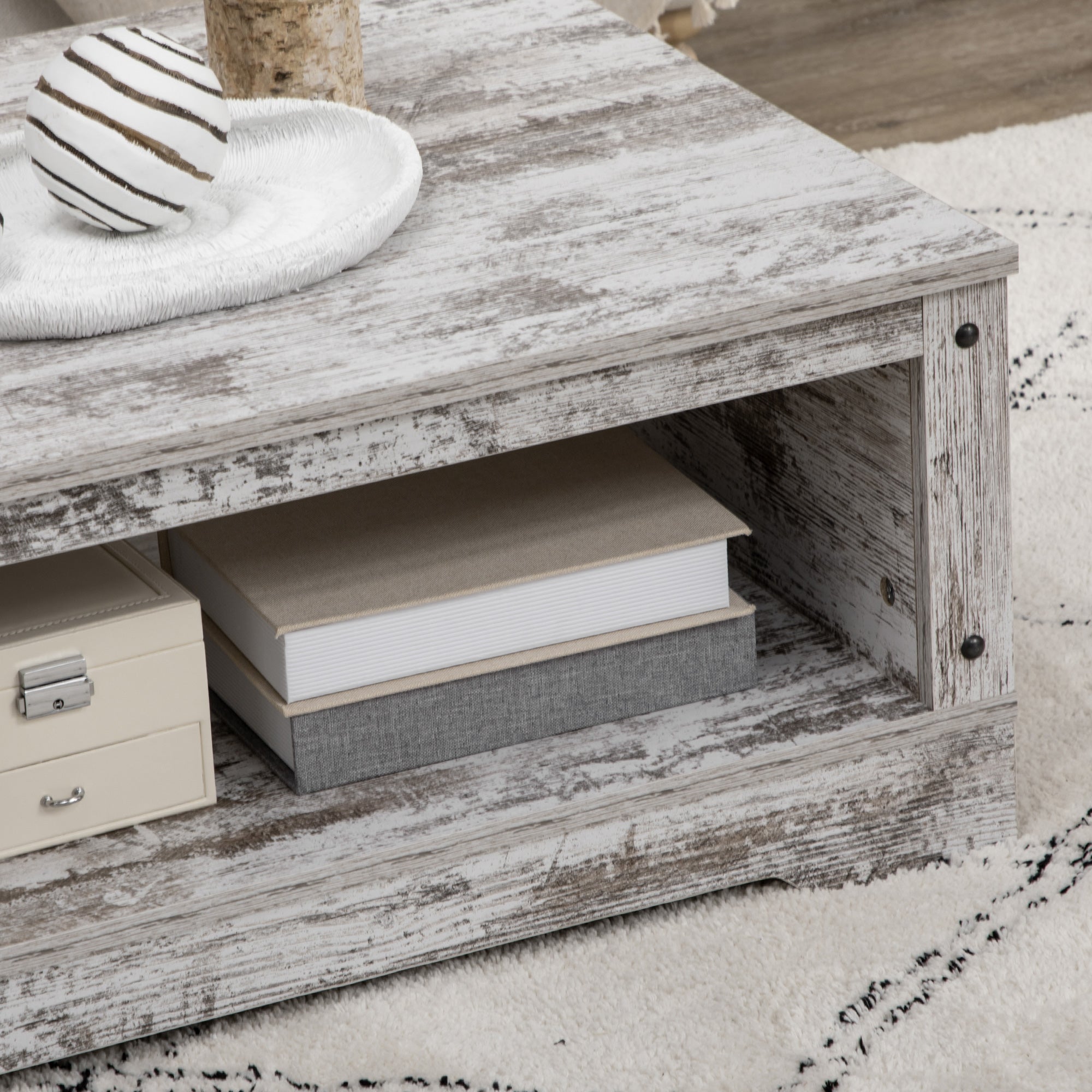 HOMCOM Coffee Table, Vintage Style Center Table with Cabinet, Open Storage Compartments, Coffee Tables for Living Room, Bed Room, White