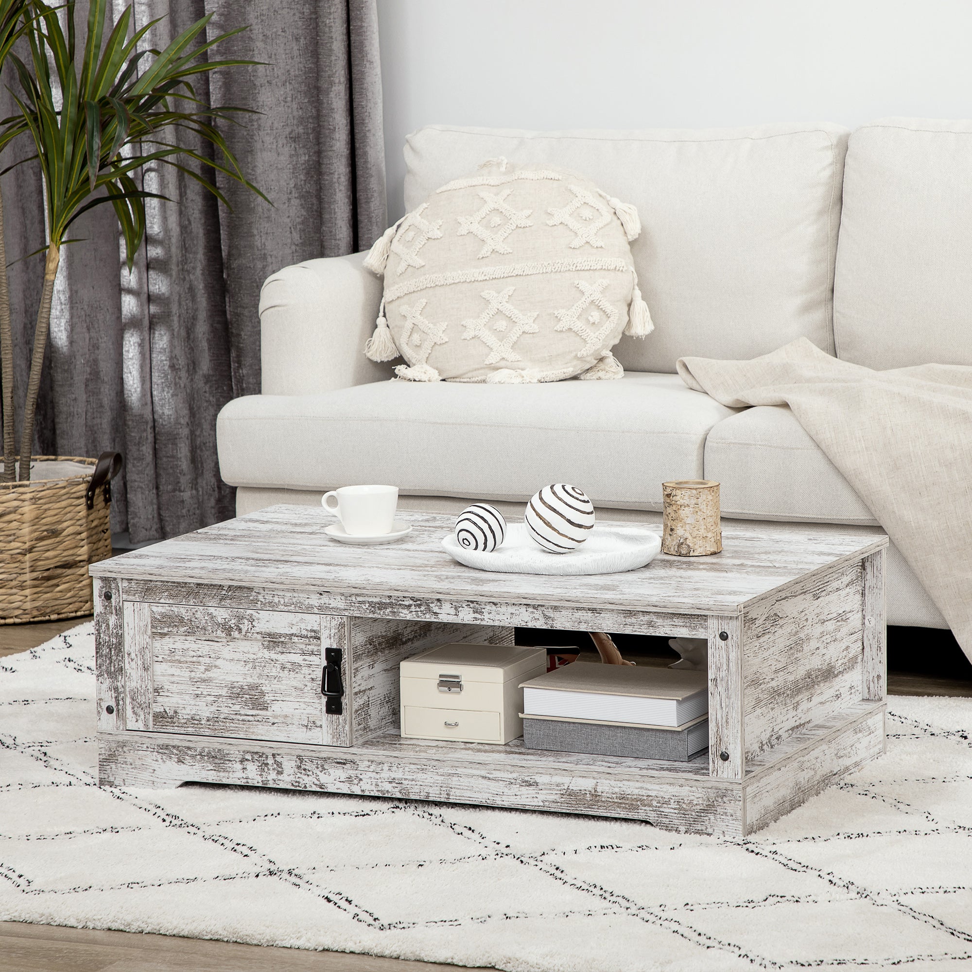 HOMCOM Coffee Table, Vintage Style Center Table with Cabinet, Open Storage Compartments, Coffee Tables for Living Room, Bed Room, White