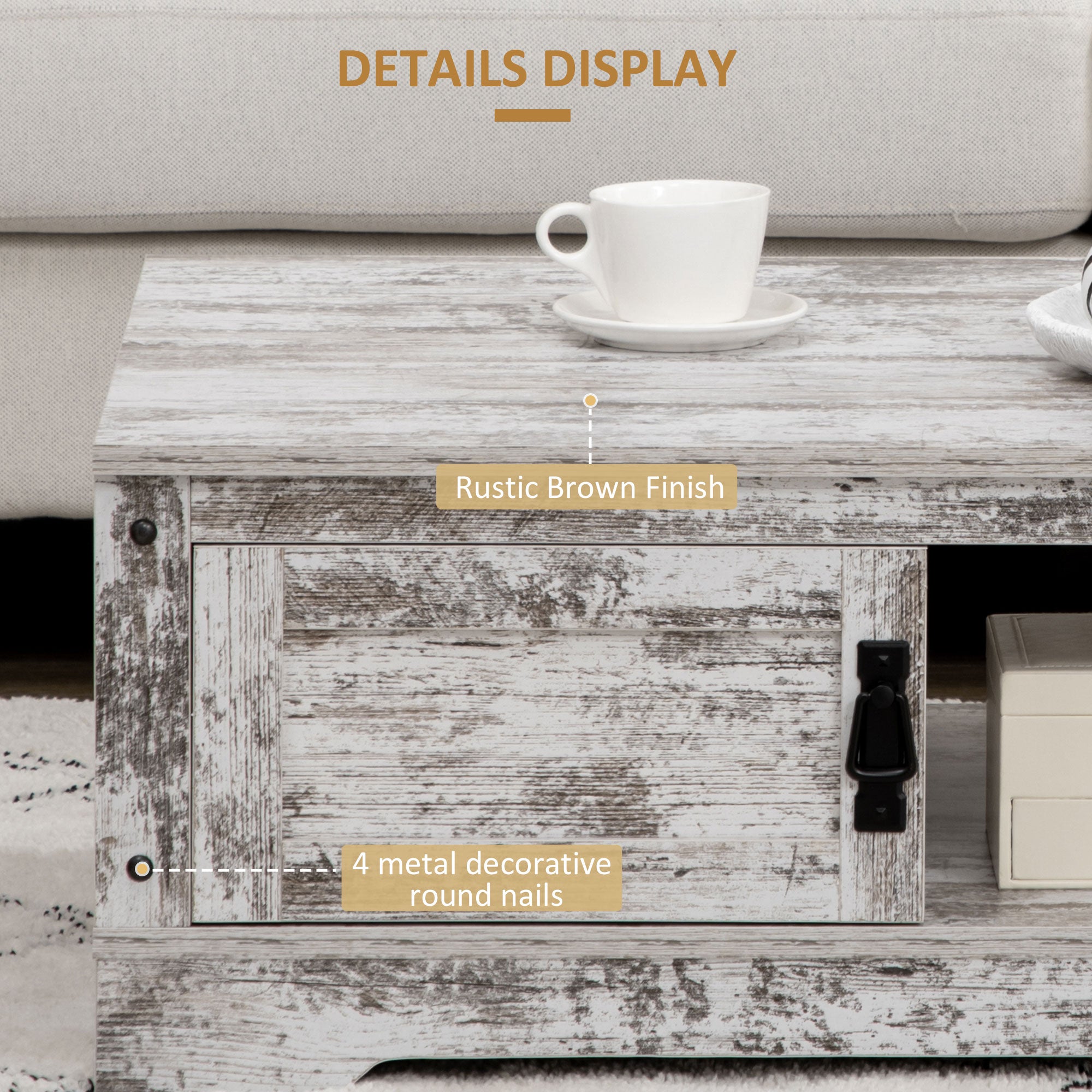 HOMCOM Coffee Table, Vintage Style Center Table with Cabinet, Open Storage Compartments, Coffee Tables for Living Room, Bed Room, White