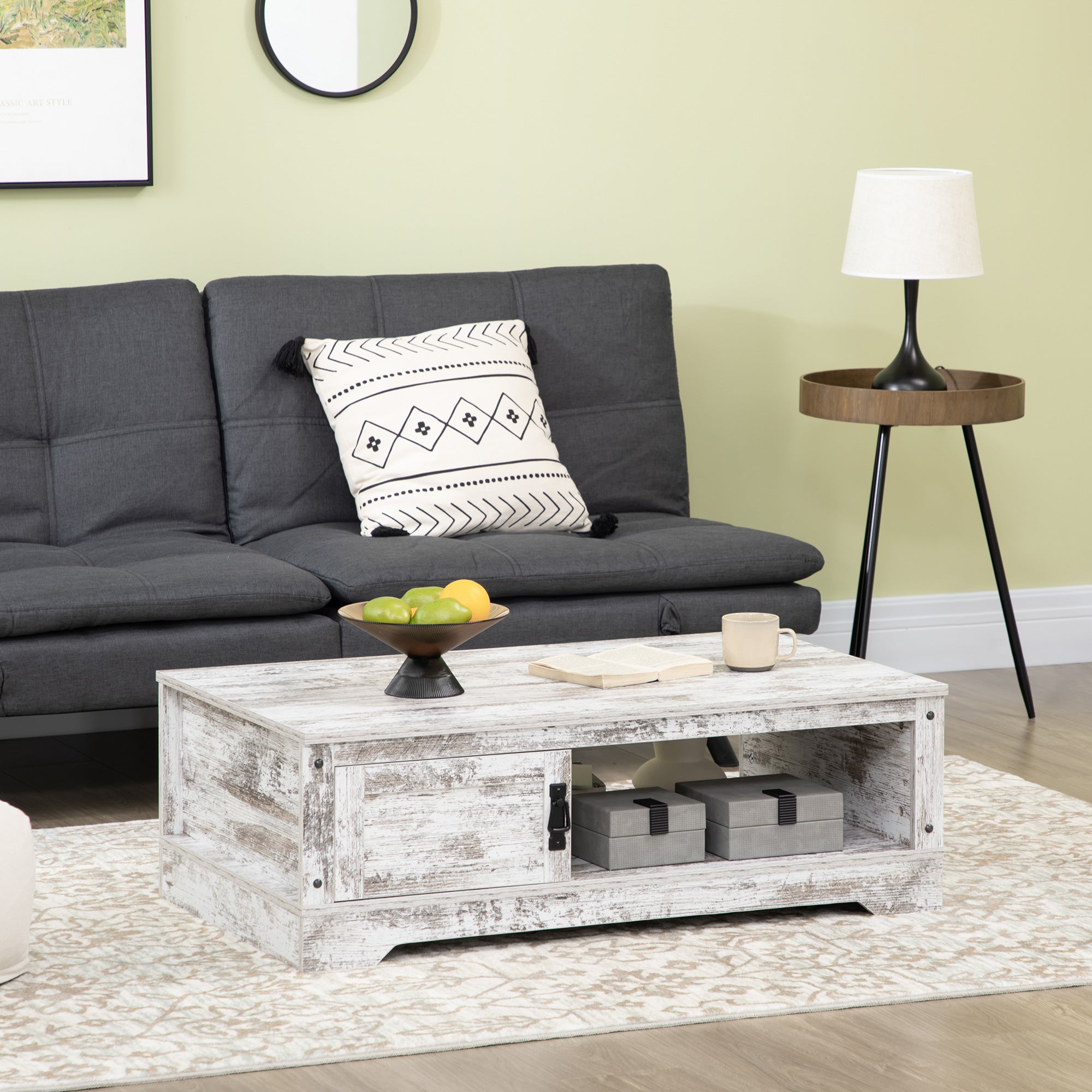 HOMCOM Coffee Table, Vintage Style Center Table with Cabinet, Open Storage Compartments, Coffee Tables for Living Room, Bed Room, White