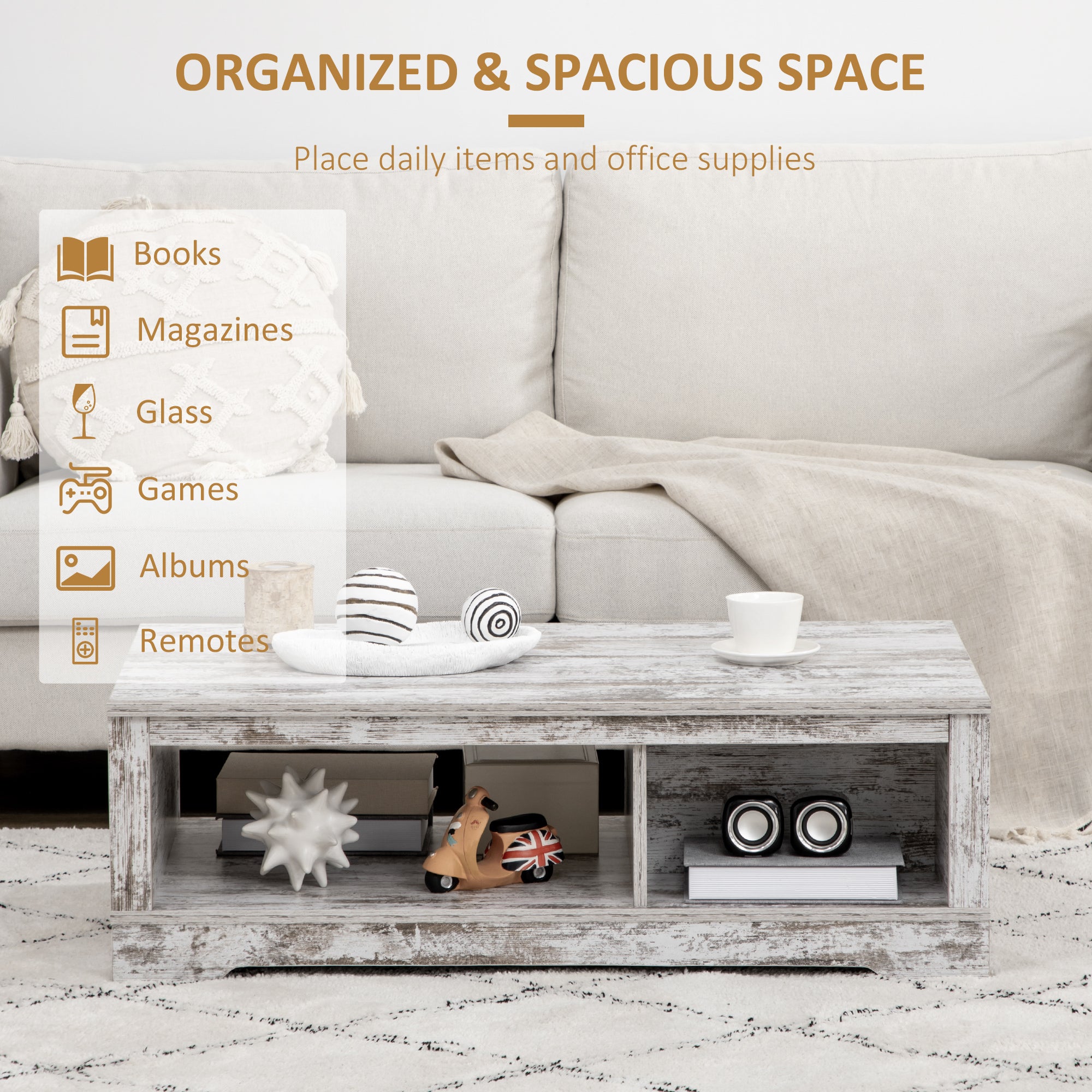 HOMCOM Coffee Table, Vintage Style Center Table with Cabinet, Open Storage Compartments, Coffee Tables for Living Room, Bed Room, White