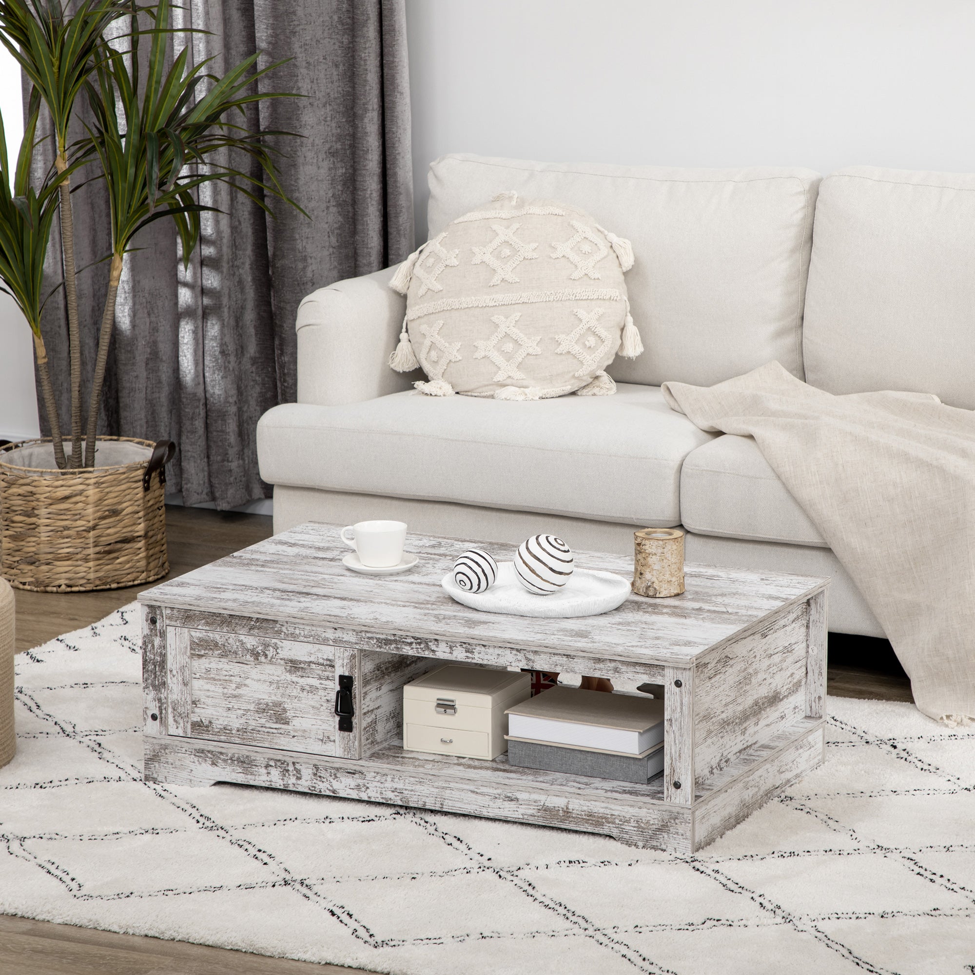 HOMCOM Coffee Table, Vintage Style Center Table with Cabinet, Open Storage Compartments, Coffee Tables for Living Room, Bed Room, White