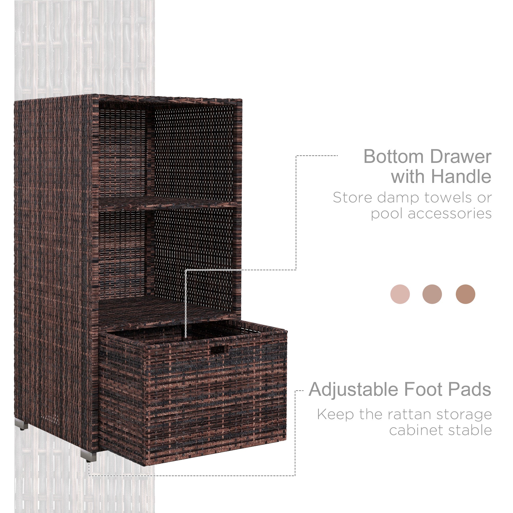Outsunny Outdoor Storage Cabinet, Patio Storage Box Rack Rattan Wicker Pool Towel Valet Organizer Poolside Garden Lawn Bathroom Furniture Shelf w/ Shelf Drawer, Mixed Brown