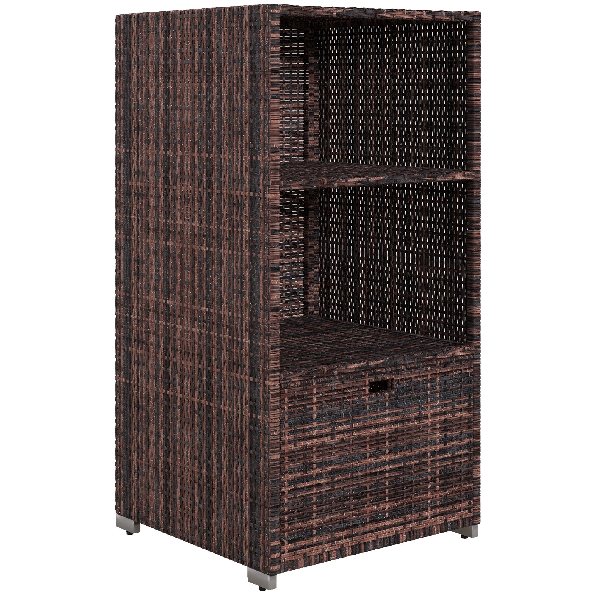 Outsunny Outdoor Storage Cabinet, Patio Storage Box Rack Rattan Wicker Pool Towel Valet Organizer Poolside Garden Lawn Bathroom Furniture Shelf w/ Shelf Drawer, Mixed Brown